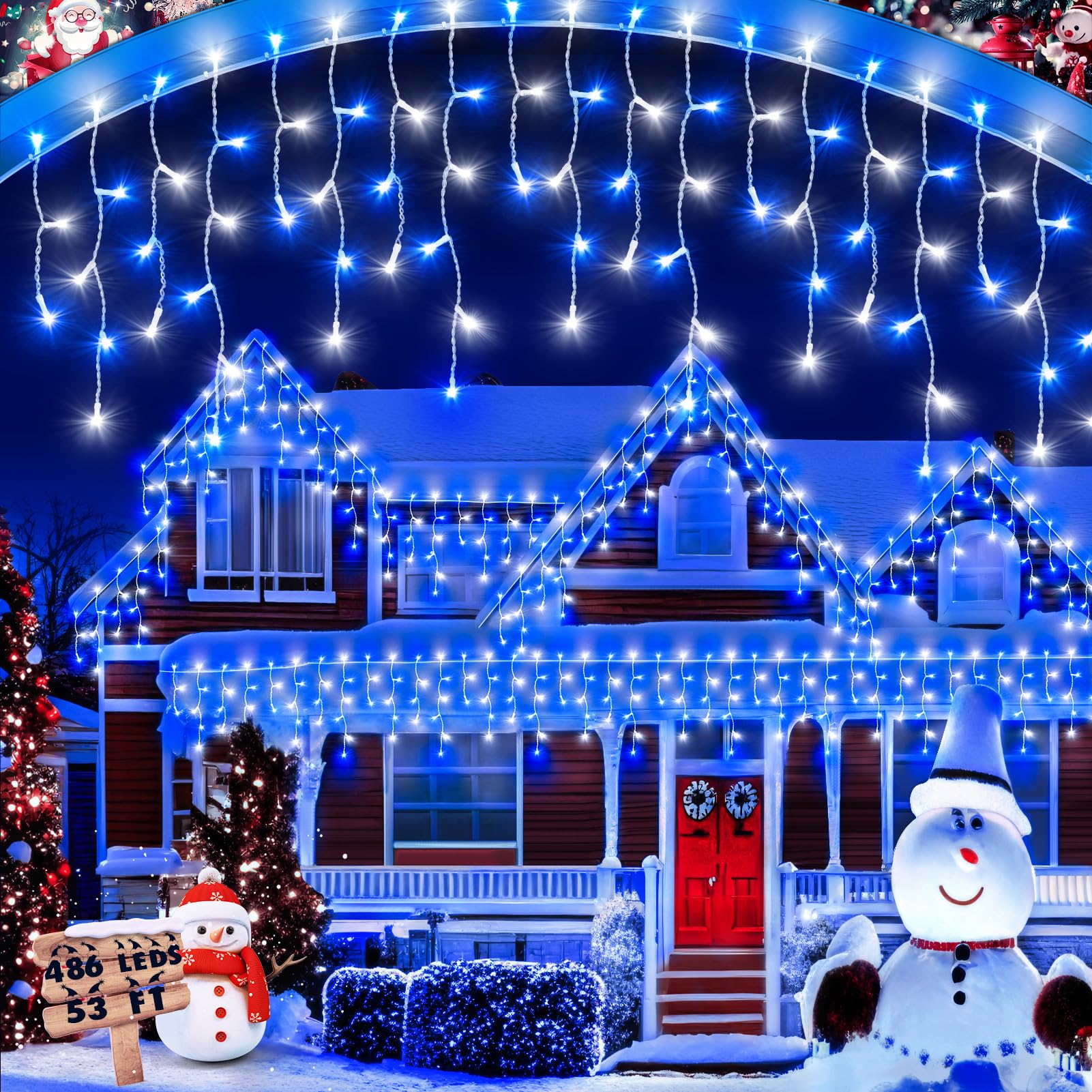 Christmas Lights Outdoor  53 FT 486 LED Christmas Lights for Outside  Timer & Memory  Plug in 8 Modes Hanging Fairy Lights with 108 Drops for House Eaves Yard Patio Holidays Decorations Blue and White