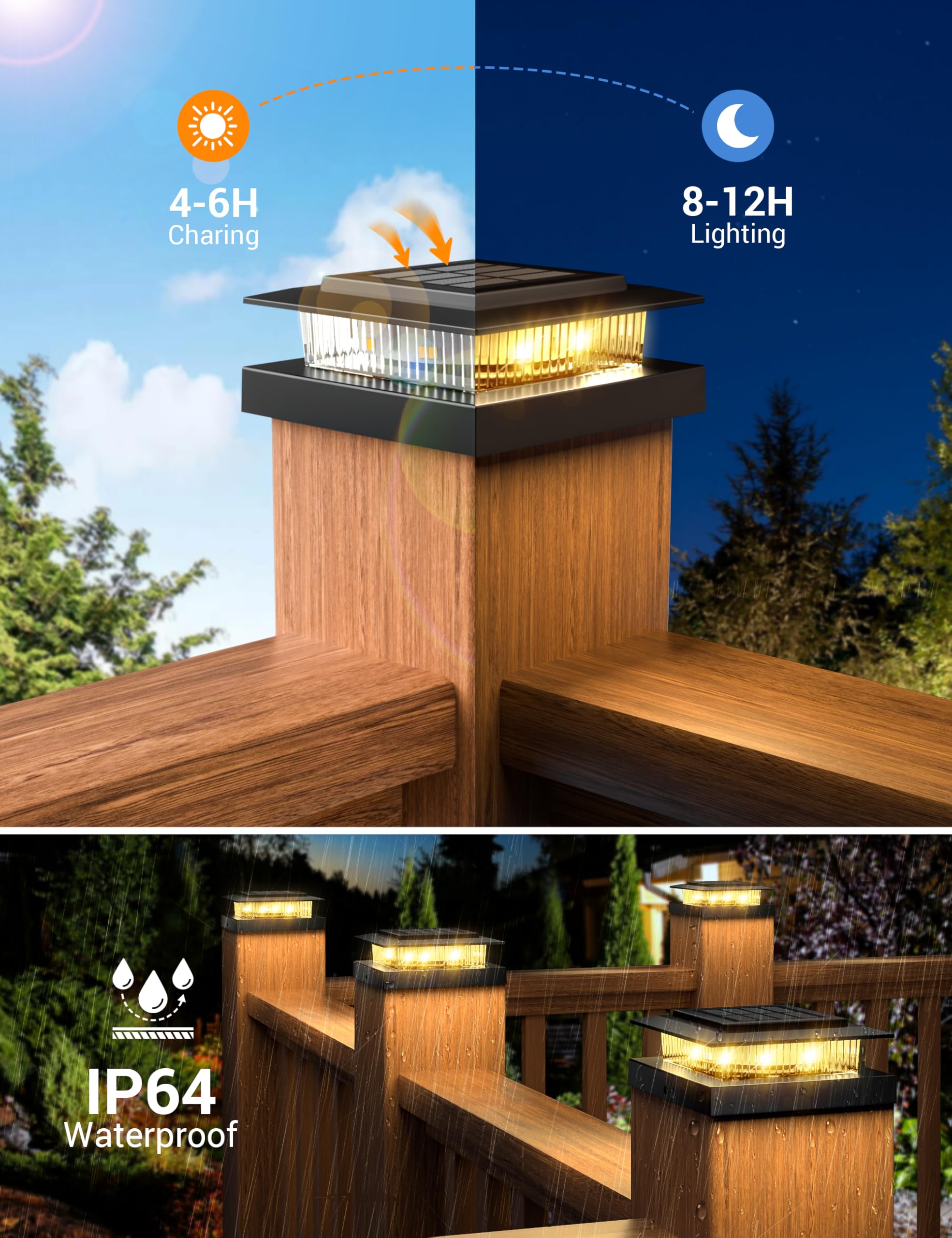 APONUO 4x4 Post Solar Lights - 16 Pack, Black, Warm/Cool LED, IP64 Waterproof, Easy Install, Model M013