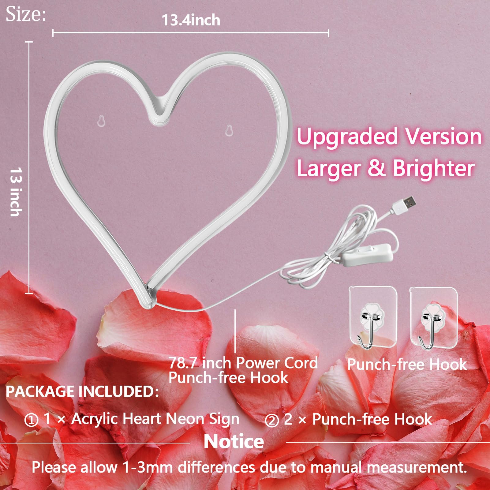 Bernicekelly Pink Heart Neon Sign - Dimmable Led Light For Bedroom & Party Decor, 13.4" X 13"