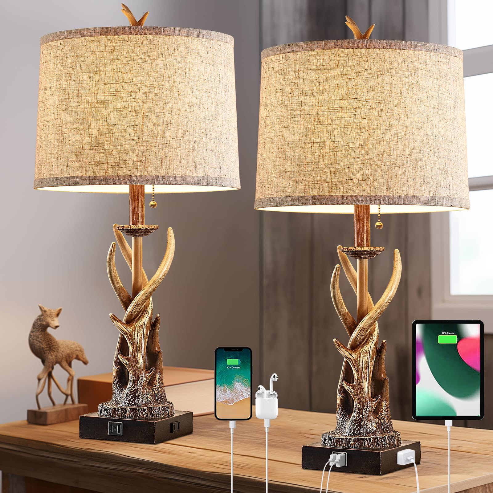 Bowobo Rustic Deer Antler Table Lamps Set Of 2 For Bedroom Farmhouse Bedside Lamps With Usb A+C Ports For Living Room End Table 