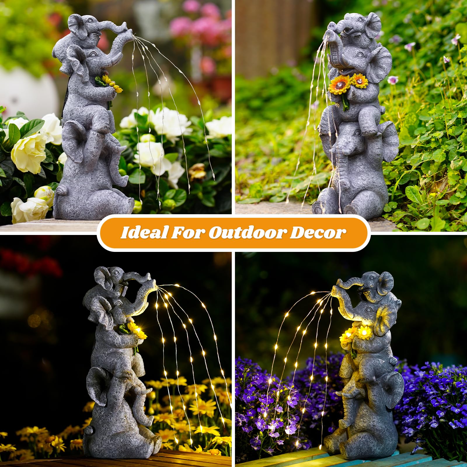 Solar Garden Decor Elephant Statue Outdoor  Luck Triple Elephant Decorations For Yard Porch Lawn Patio - Ideal Gifts For Women Mom Grandma Senior Elder Or Birthdays 12