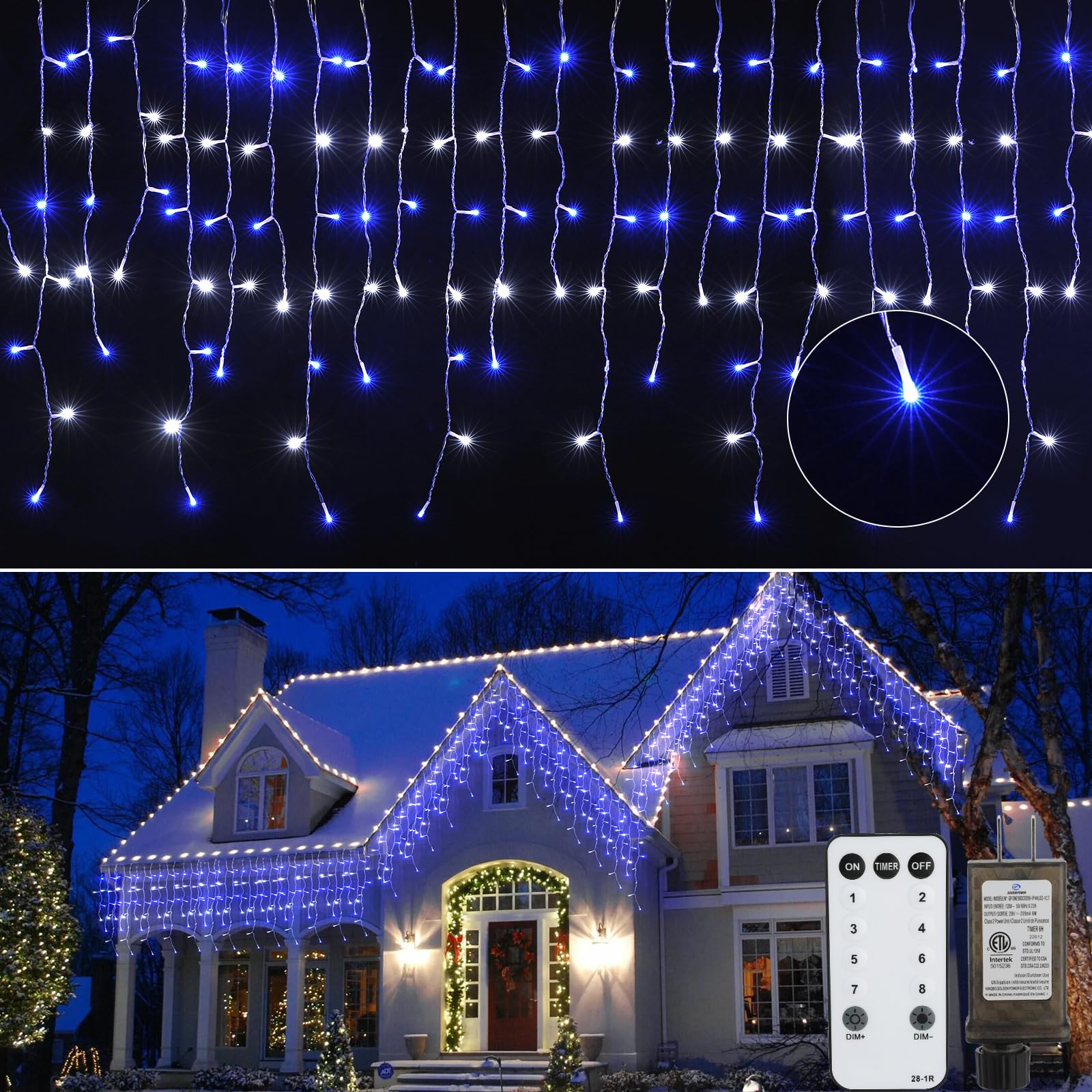 Brightown Icicle Lights - 66 FT, 736 LED, 8 Modes, Waterproof, Blue & White, Remote Timer, Christmas Decor
