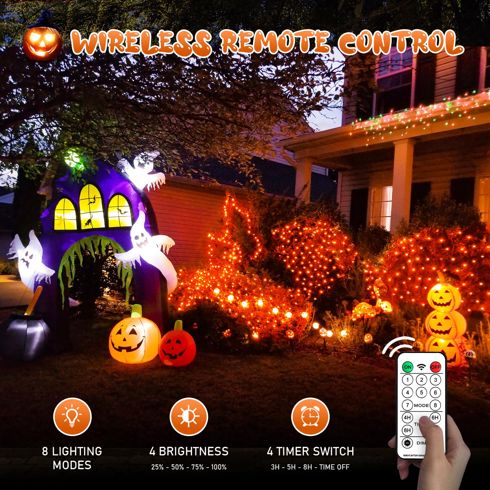 JMEXSUSS Solar Halloween Lights, 320 LED Orange Net Lights, 9.8ft x 6.6ft, Waterproof, 8 Modes Remote for Outdoor Decorations