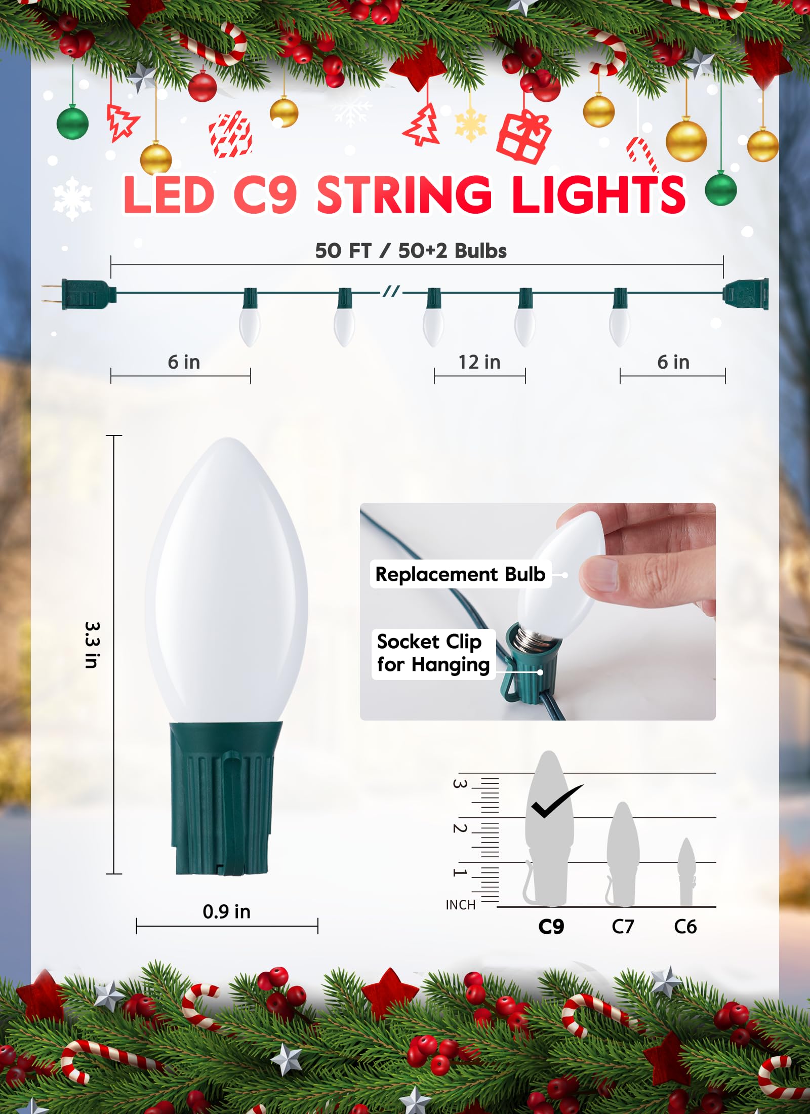 Minetom Vintage C9 LED String Lights, 50FT, Pure White, 50 Shatterproof Bulbs, Waterproof, Connectable for Outdoor Holiday Decor