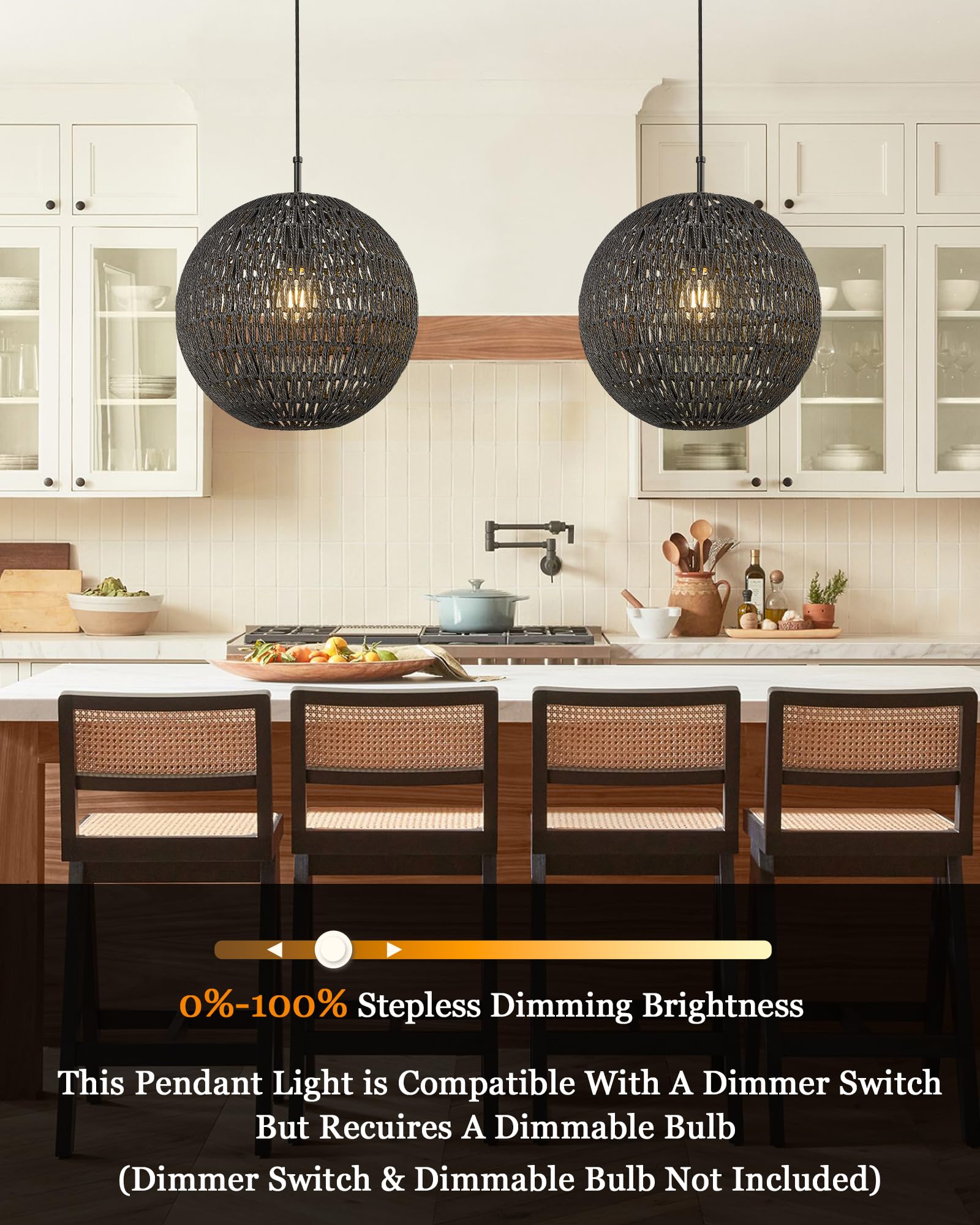 Elyona 14&quot; Modern Woven Chandelier - Black Boho Rattan Pendant Light For Dining Room, Kitchen, Foyer