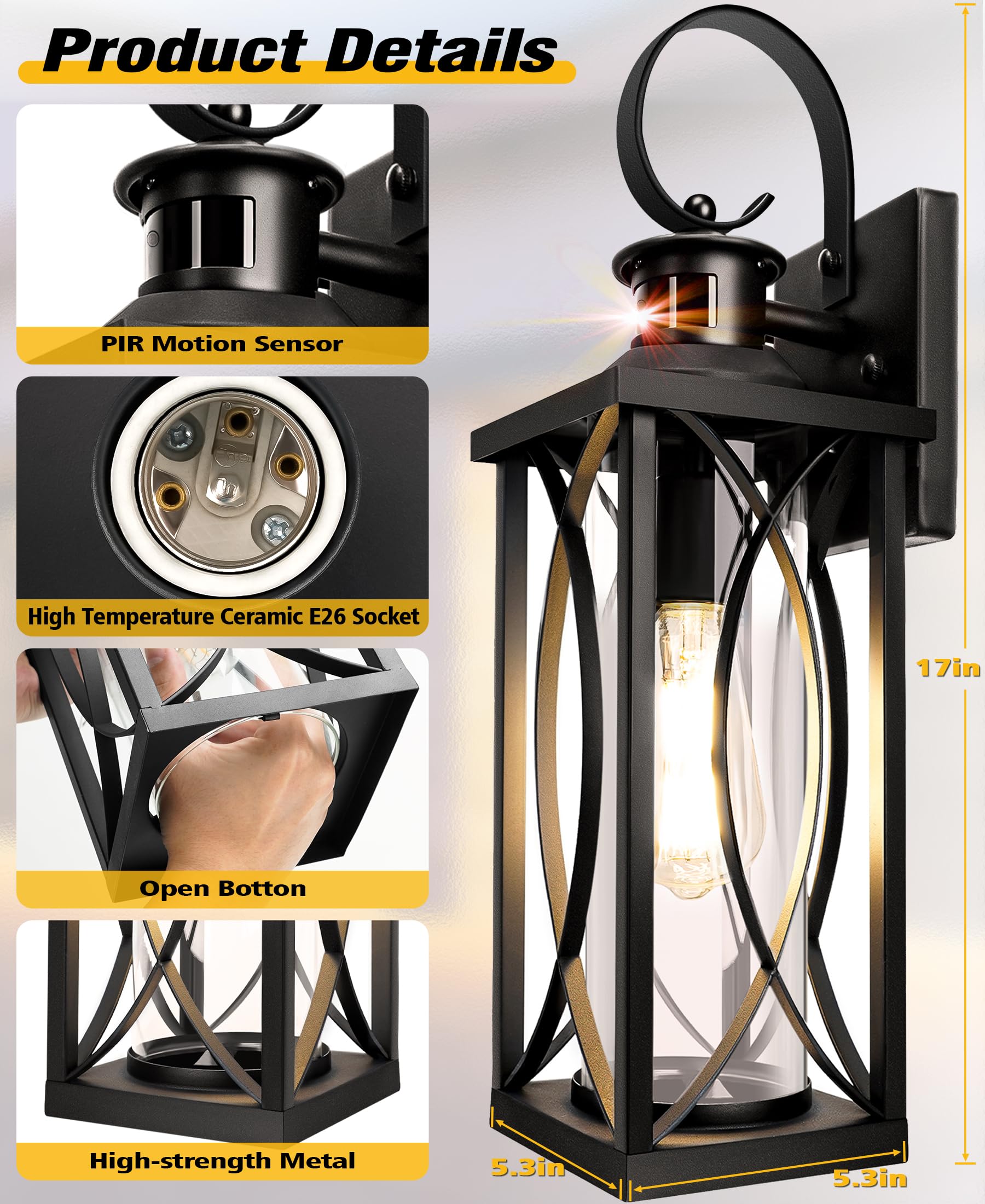 DBF Motion Sensor Outdoor Wall Lights, Anti-Rust Waterproof, E26 Socket, Black, Dusk to Dawn, Model B06140PG