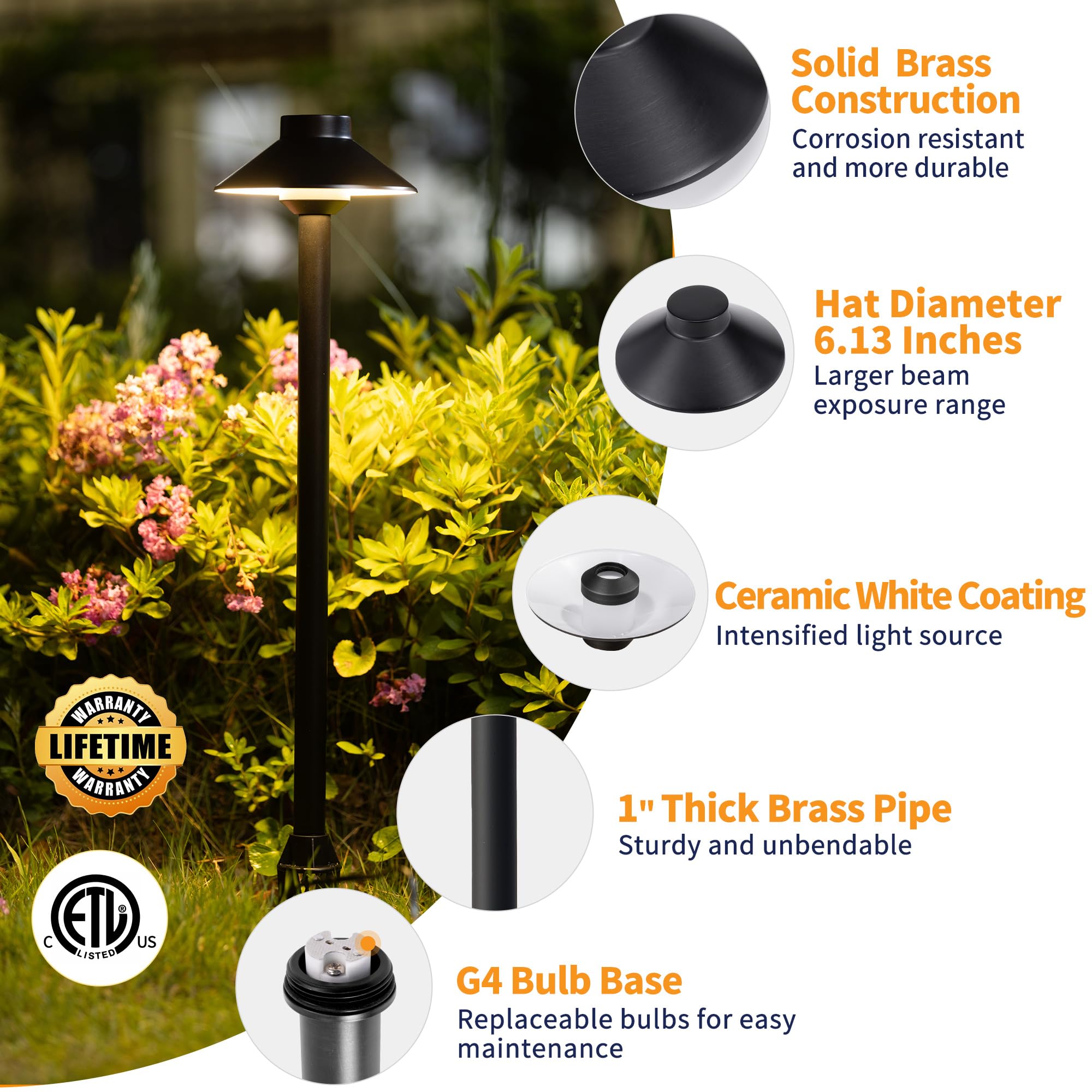 Gardenreet Outdoor Brass Pathway Lights - 12V Low Voltage Landscape Path Lighting Wired, Led Pathlight Ip65 Waterproof, Hat-Top Black For Outside Walkway Yard With 3W 270Lm 2700K Warm White G4 Bulb