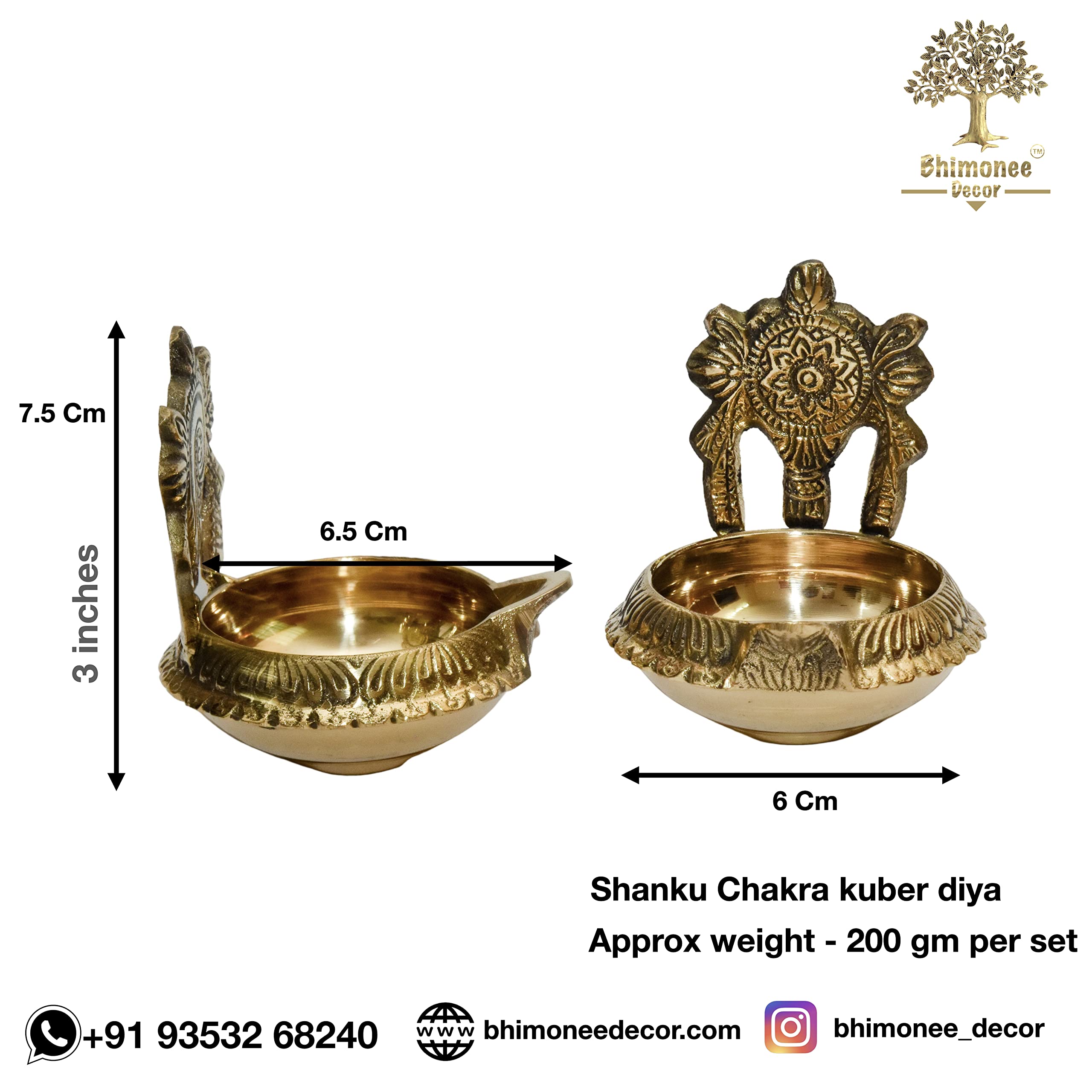 Bhimonee Decor Pure Brass Shanku Chakra kuber Diya, 3 inches, brass colour, Pack of 1 Pair