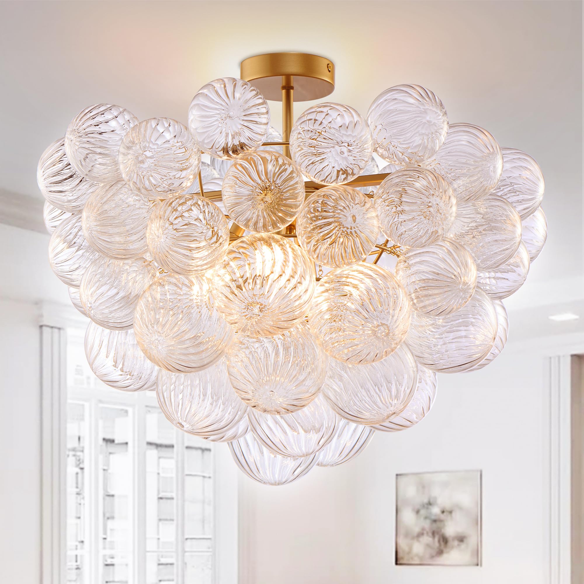 BeyPan Semi Flush Mount Bubble Ball Chandelier Clear Swirled Ribbed Blown Glass Globe Gold Chandeliers Ceiling Light Fixture Dia 24" for Dining Living Room Bathtub Bathroom