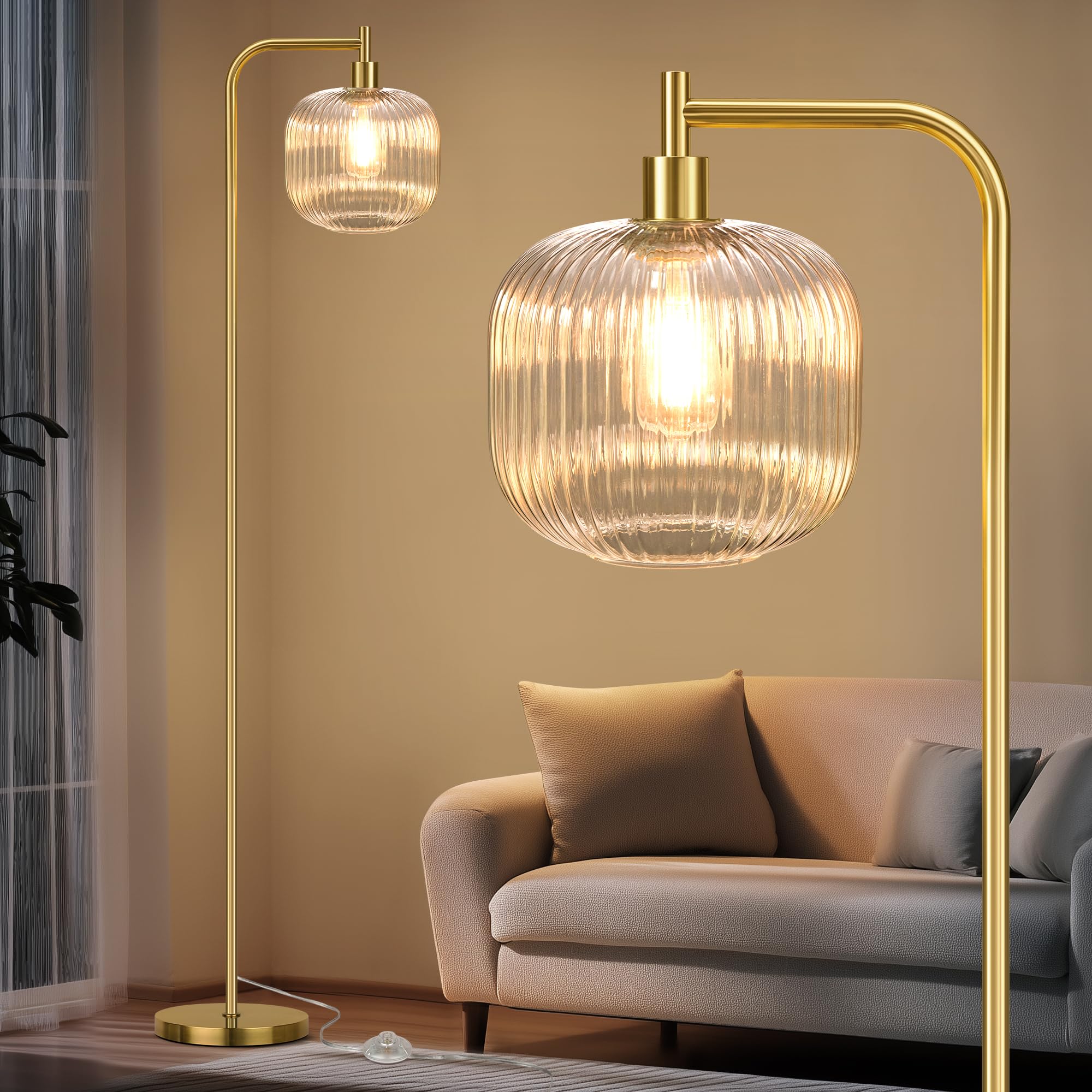 Qimh Glass Floor Lamp For Living Room, Modern Standing Lamp With Ribbed Clear Glass Lampshade Pedal Switch, 67    Tall Lamp For 
