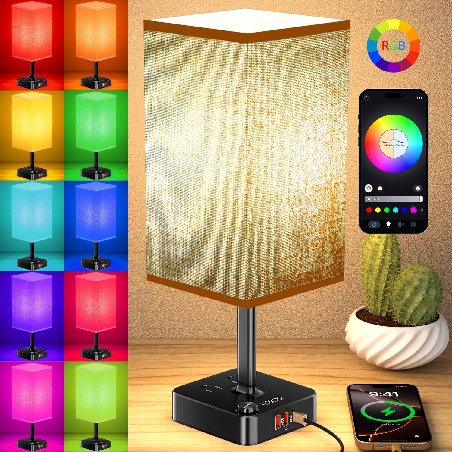 Bluetooth/WiFi RGB & USB Bedside Table Lamp with 3 USB Charging Ports 2 Outlets Power Band  LED Light Bulb Dimmable  Music Sync Color Changing Light (RGB - Brown Shade)