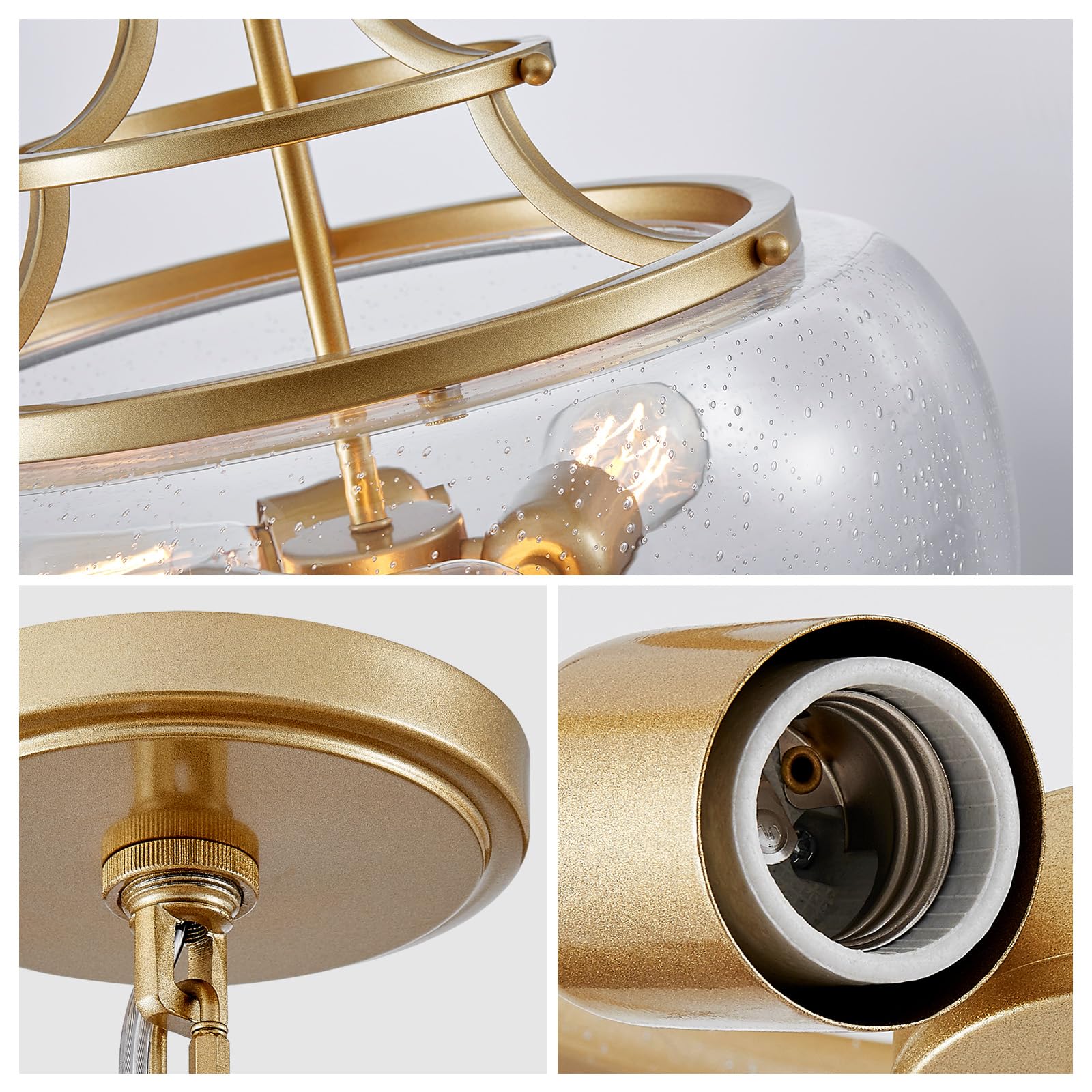 Wuzups 3-Light Gold Pendant Chandelier - Rustic Farmhouse Led Light Fixture With Glass Shade