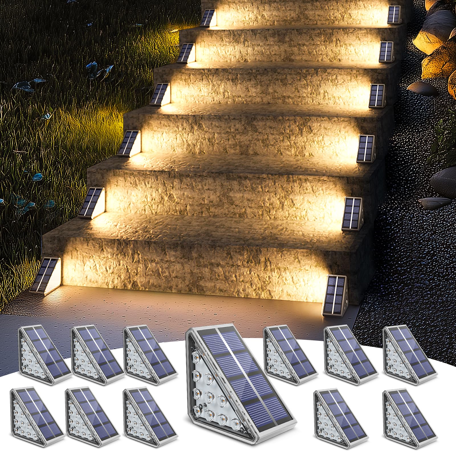NIORSUN Solar Step Lights, Waterproof IP67, 12 Pack, Warm White, Model ABE110-G, Outdoor Stair Lights for Yard, Patio, Porch, Deck Decor