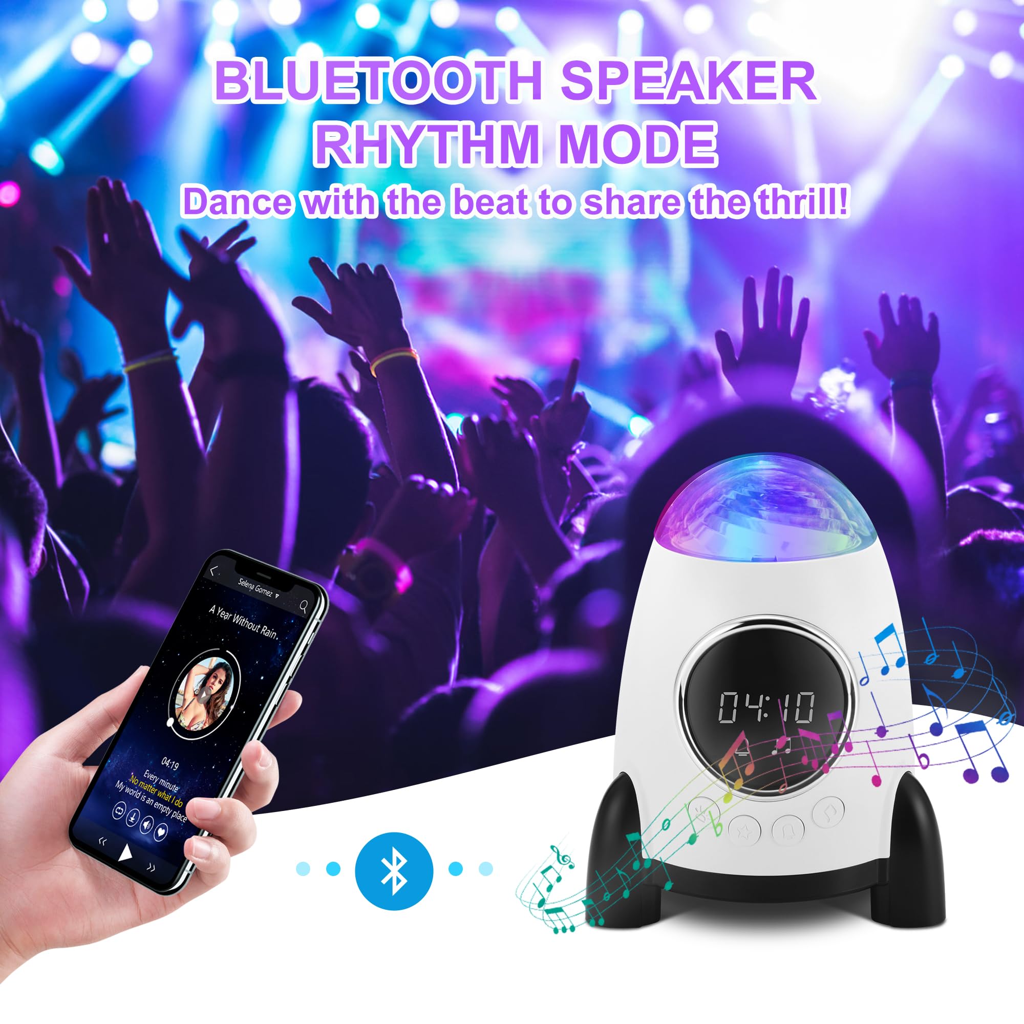 Konchile Star Projector With Alarm Clock,Rocket Galaxy Projector For Bedroom, Bluetooth Speaker And White Noise Aurora Projector