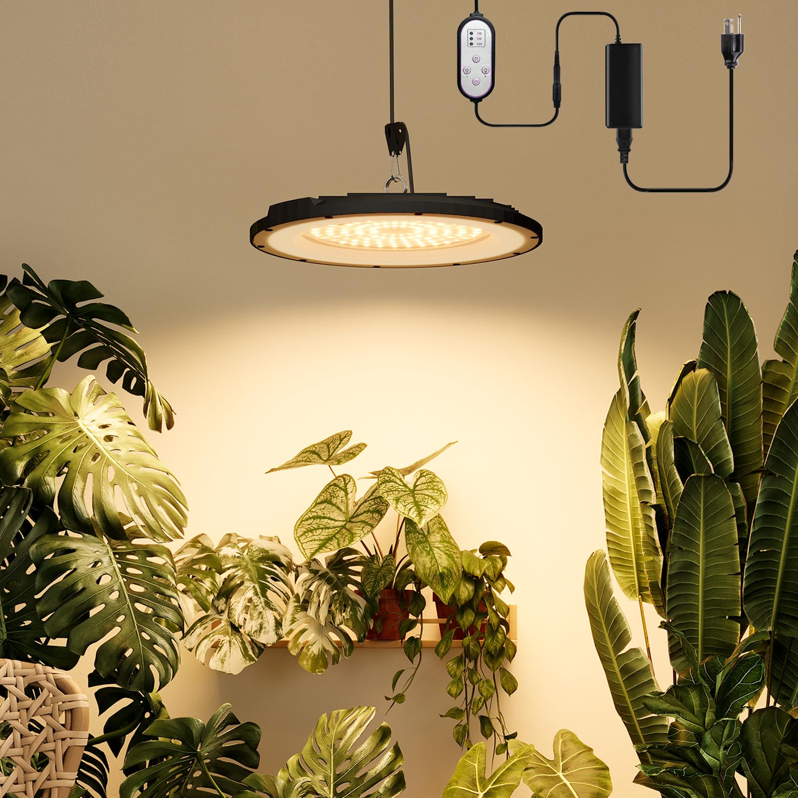 Bamworld Hanging Grow Light for Indoor Plants Full Spectrum 10 Dimmable Levels LED Grow Light Long Cord Timer Garden Greenhouse Flowers Large Tall Plant Black with Upright Stand