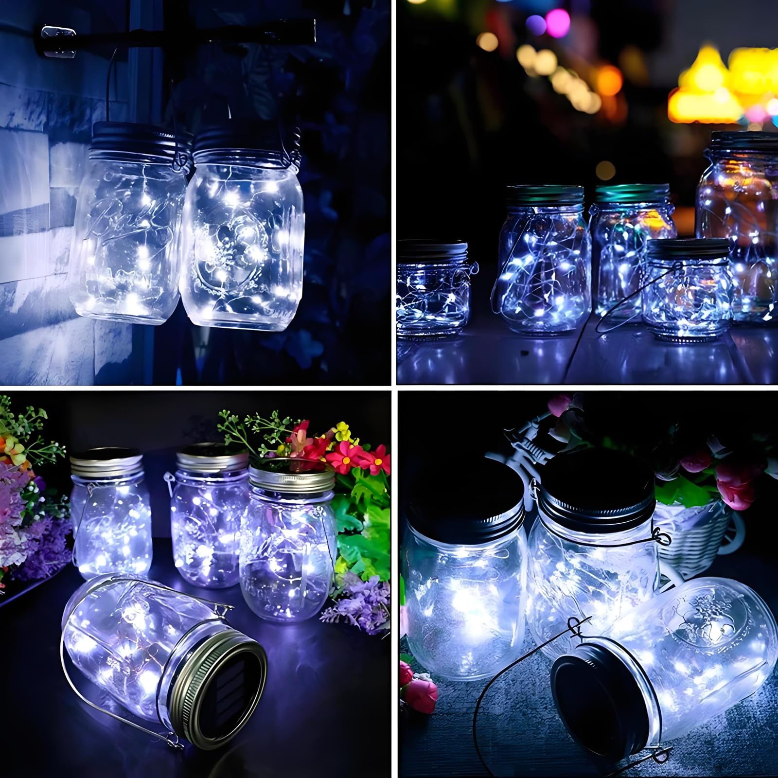 Vookry 6 Pack Solar Mason Jar Lights, 30 Led Mason Jar Lids Waterproof Firefly Fairy String Lights With 6 Hangers(No Jars), For