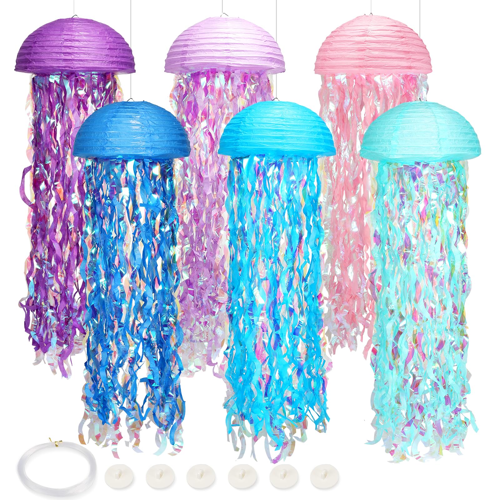 Pink Blue Purple Jellyfish Paper Lanterns, Under The Sea Party Decorations With Hooks+Rope, Hanging Jellyfish Paper Lanterns For