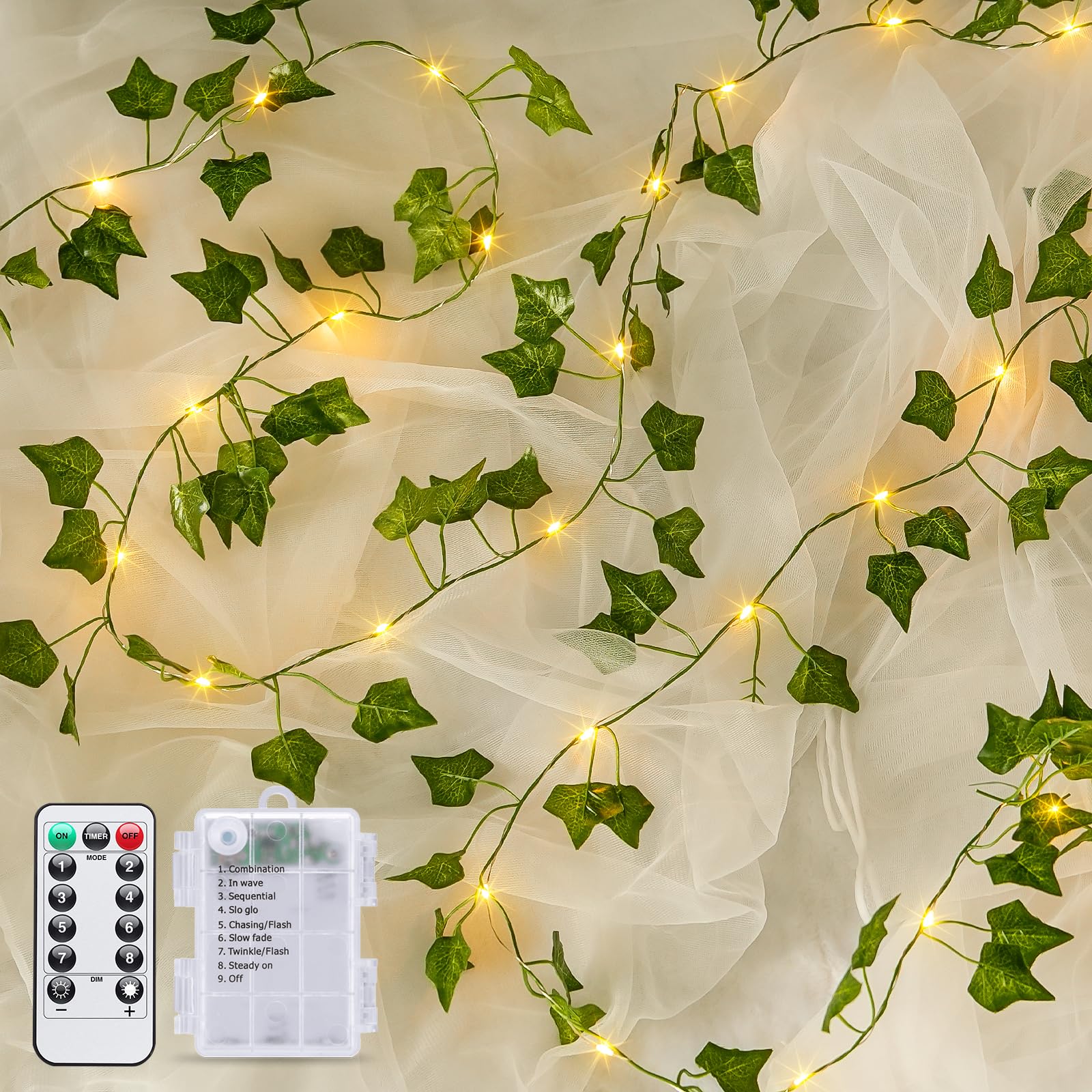 POTIVE Vines with Lights Plug in, 100 LED Leaf Light, 33ft Warm White Ivy Garland, Model EXS-S-0100 for Bedroom and Party Decor