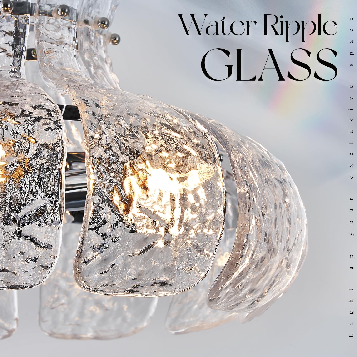 Poemoon 6-Light Water Ripple Glass Chandelier, 15.7" Chrome Pendant Lighting for Dining Room, Kitchen, Entryway, Model P52-400C1