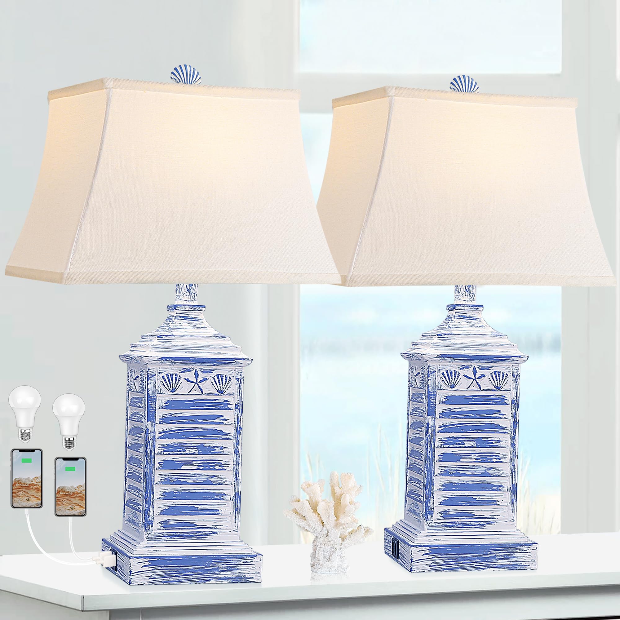 Hamucd Coastal Table Lamps Set of 2, Blue Resin, USB Ports, AC Outlet, Farmhouse Style, Model HMLP278AL2