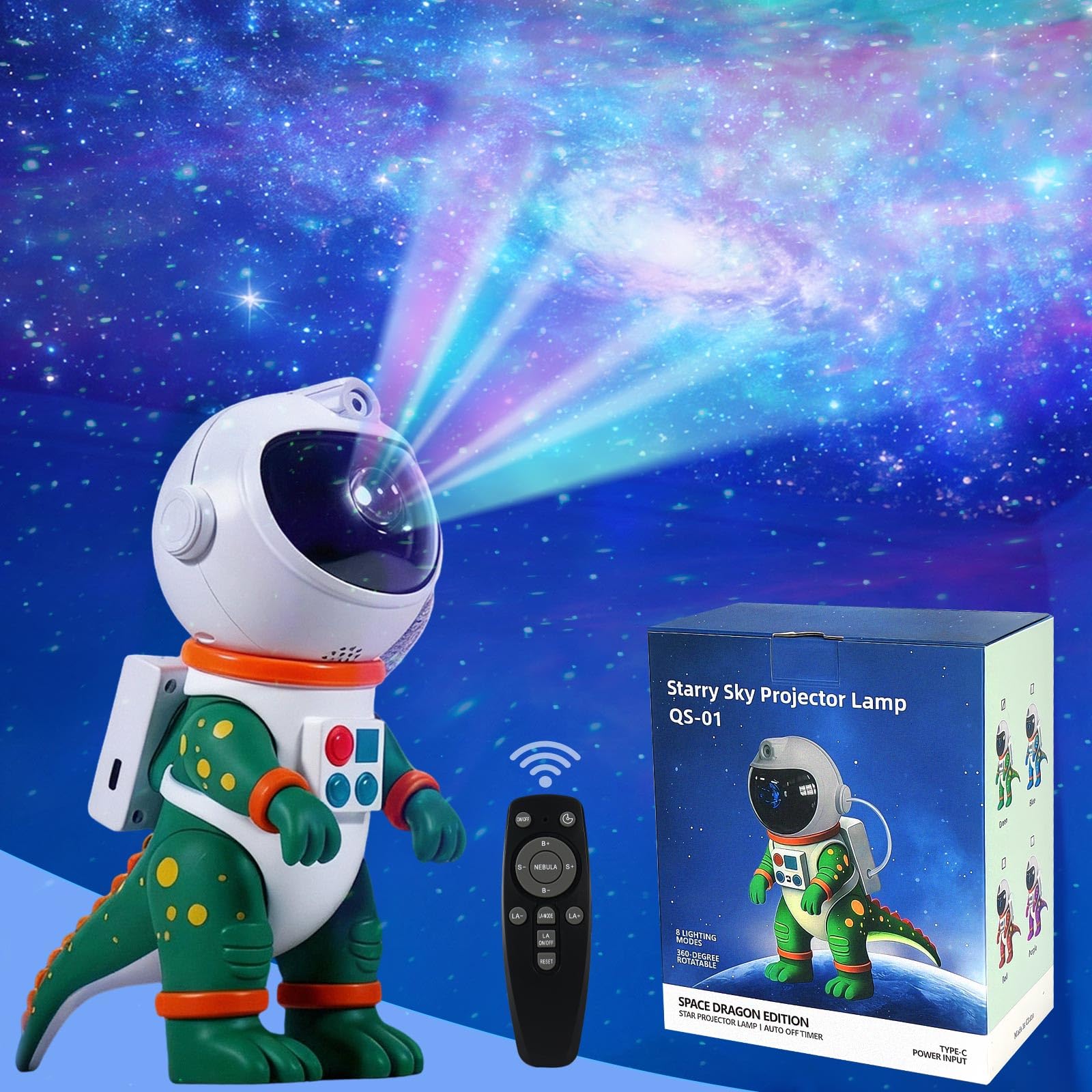 Galaxy Star Projection Night Light, Dinosaur Astronaut Space Projector with Timer, Remote Control, 8 Lighting Modes, Green Nebul