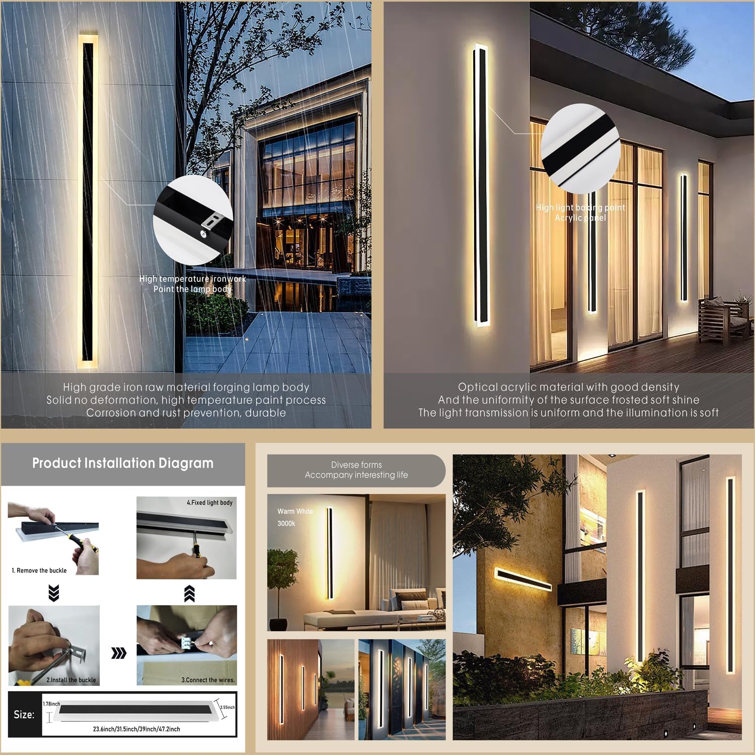 47.2Inch-2Pack Long Outdoor Modern Led Wall Light,38W Waterproof Ip65 Warm White 110V Led Wall Mount Lighting Fixture Rectangula