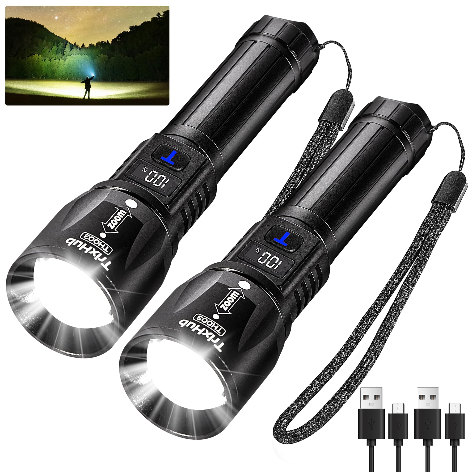 TrixHub Rechargeable Flashlights 2 Pack, 990,000 Lumens, 5 Modes, Waterproof, Small, Black, Model TH003