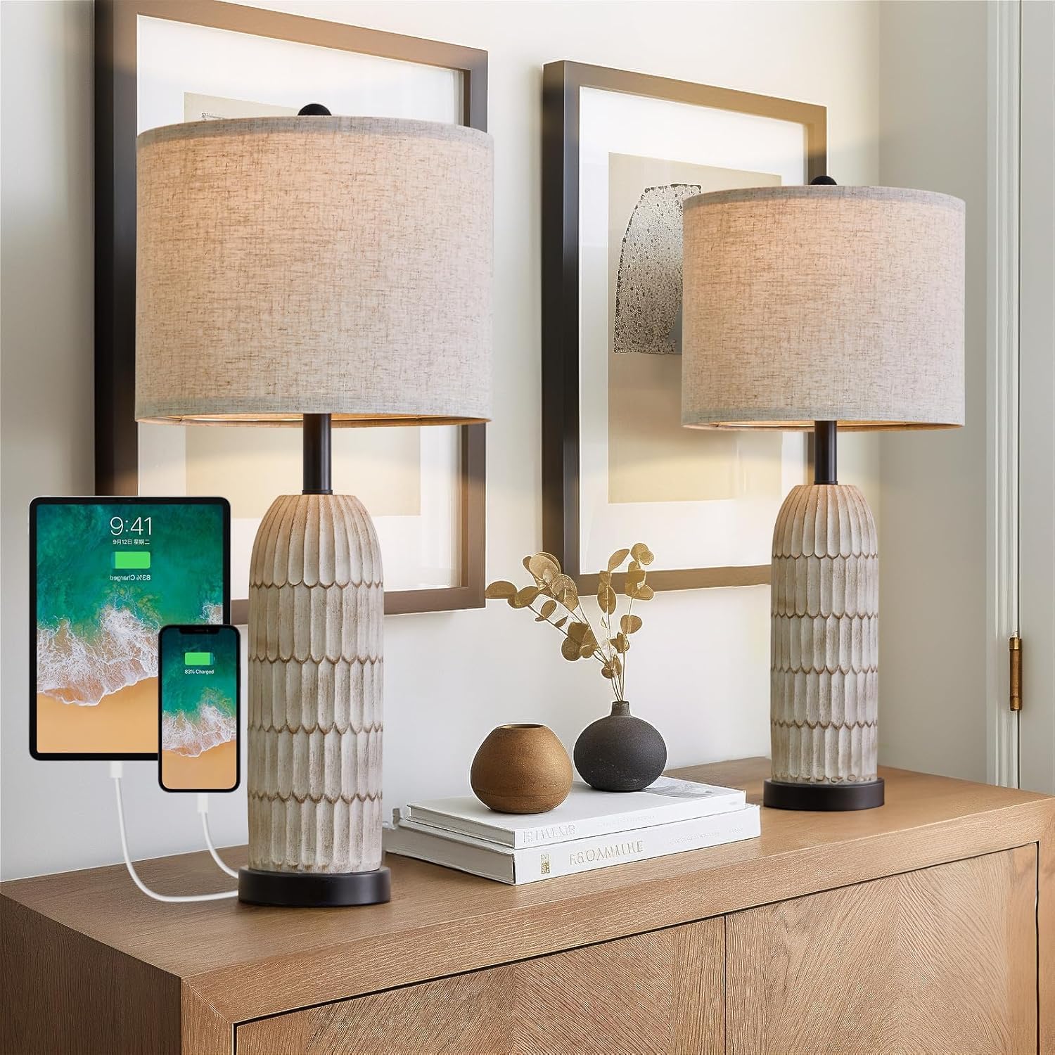 OYEARS 26.5'' Table Lamps Set of 2 - Bedside Lamp with USB A+C Charging Ports,Rustic,Perfect for Nightstands and Bedrooms,Black