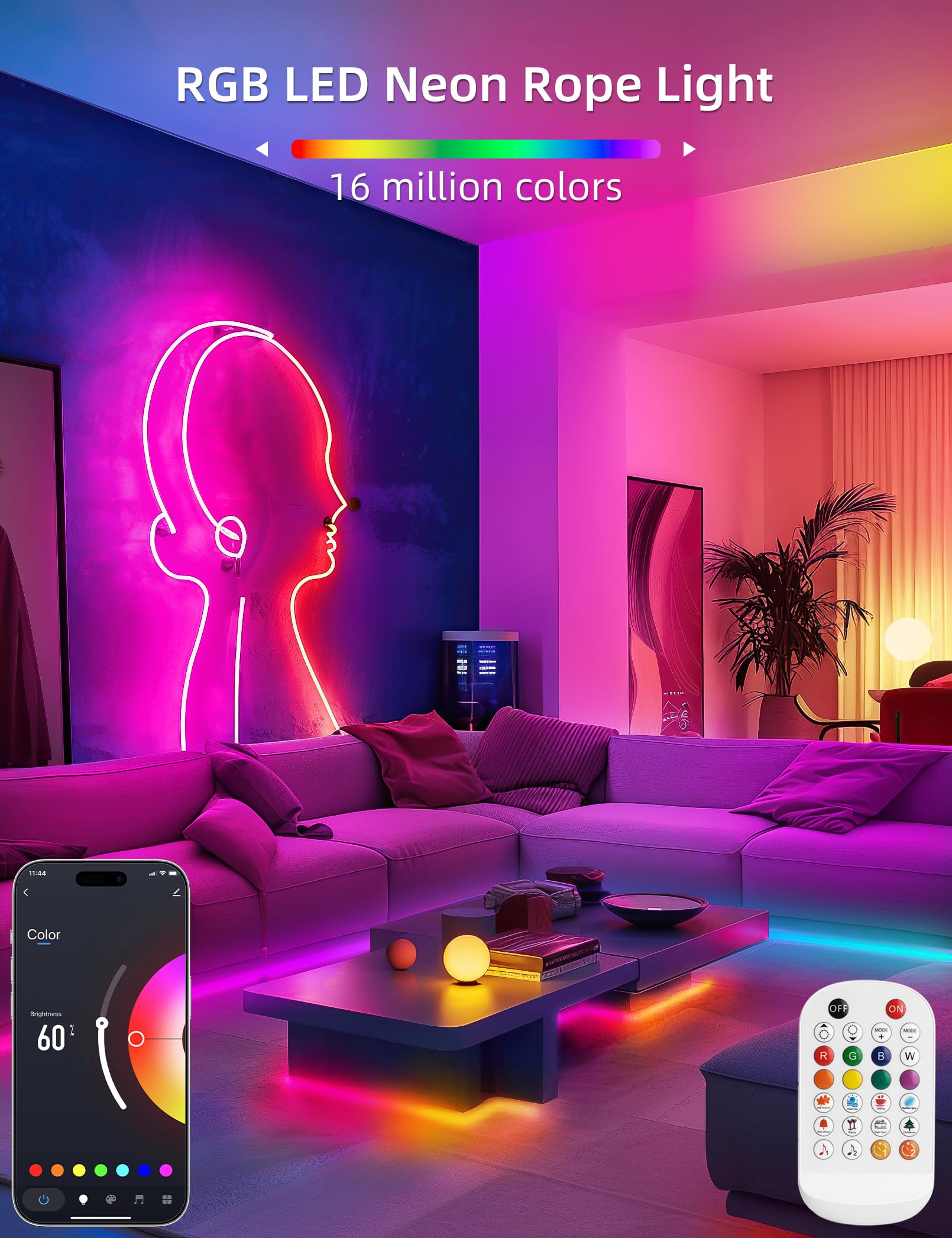 Lamomo Rgb Led Strip Lights, 16.4Ft Led Rope Lights With App Remote Control, Music Sync, Indoor Ip65, Waterproof, Flexible Diy N