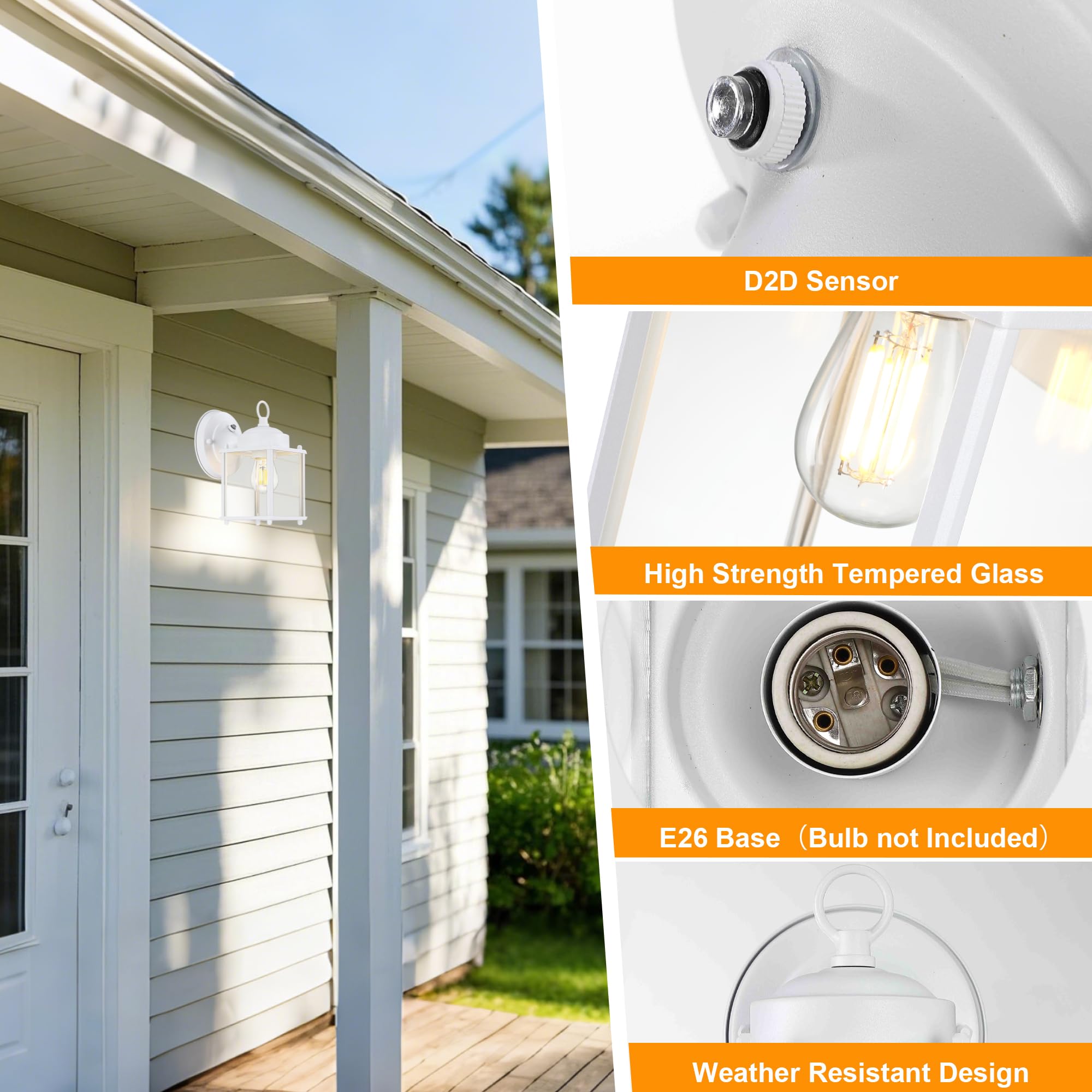 GRUENLICH Outdoor Wall Lantern, White Metal Sconce Light Fixture, 8 Inch Dusk to Dawn, 2 Pack
