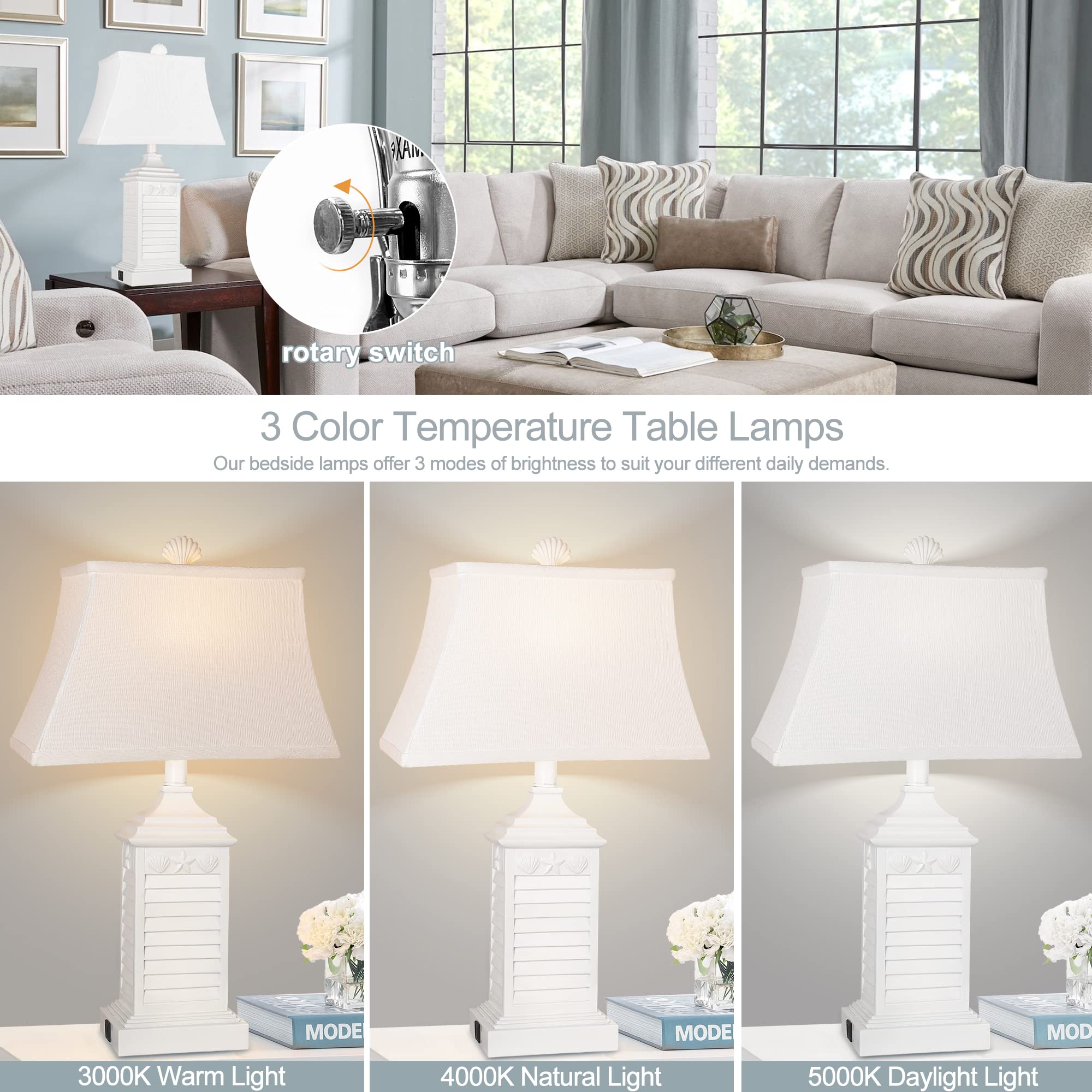Hamucd Table Lamps Set of 2, USB Ports & AC Outlet, Modern Resin, White, Coastal Design, Nightstand Lamp (Bulbs Included)