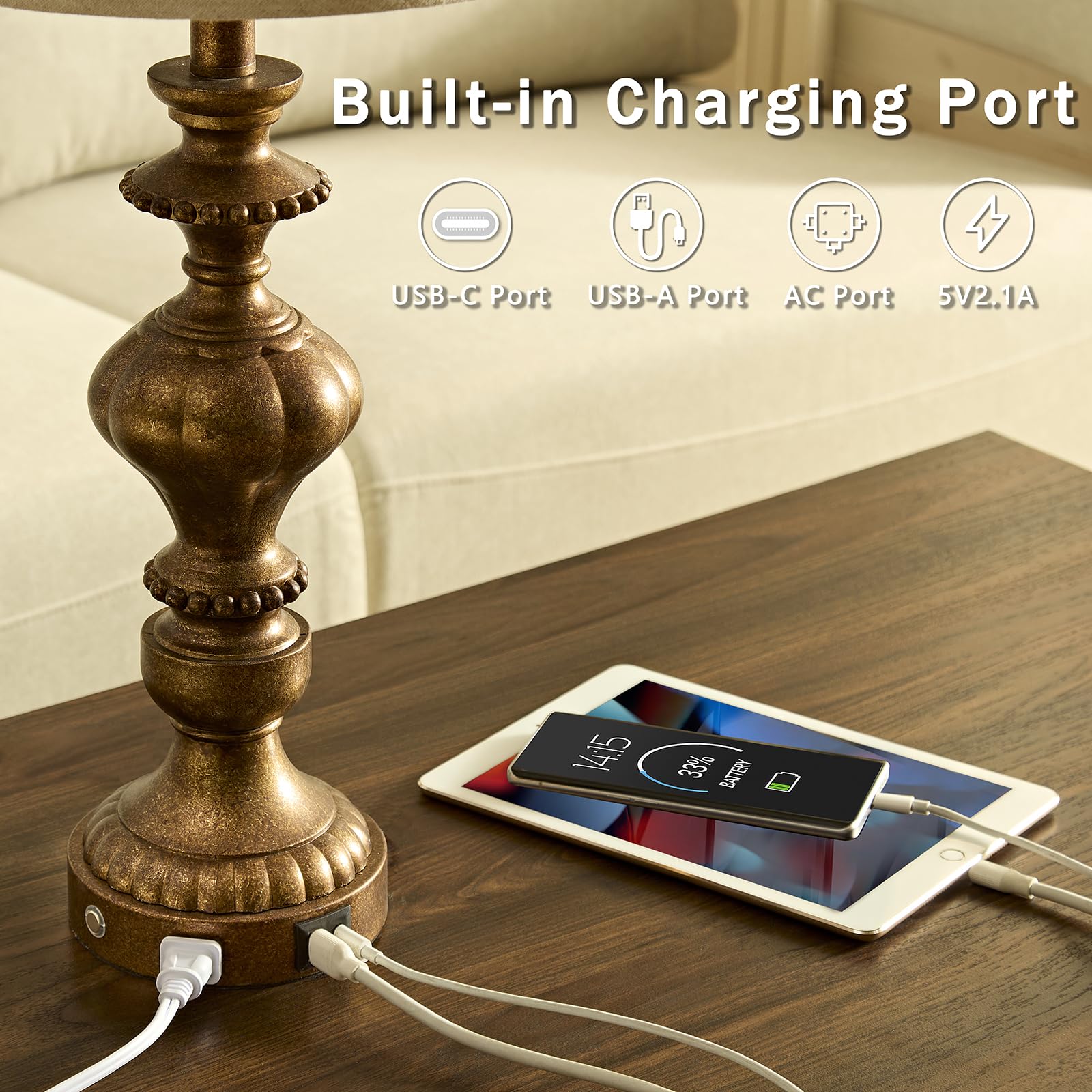 SAIWEYA Table Lamps Set of 2, 27.5in Touch Dimmable with USB C+A Ports & AC Outlet, Copper, Model TM-T03