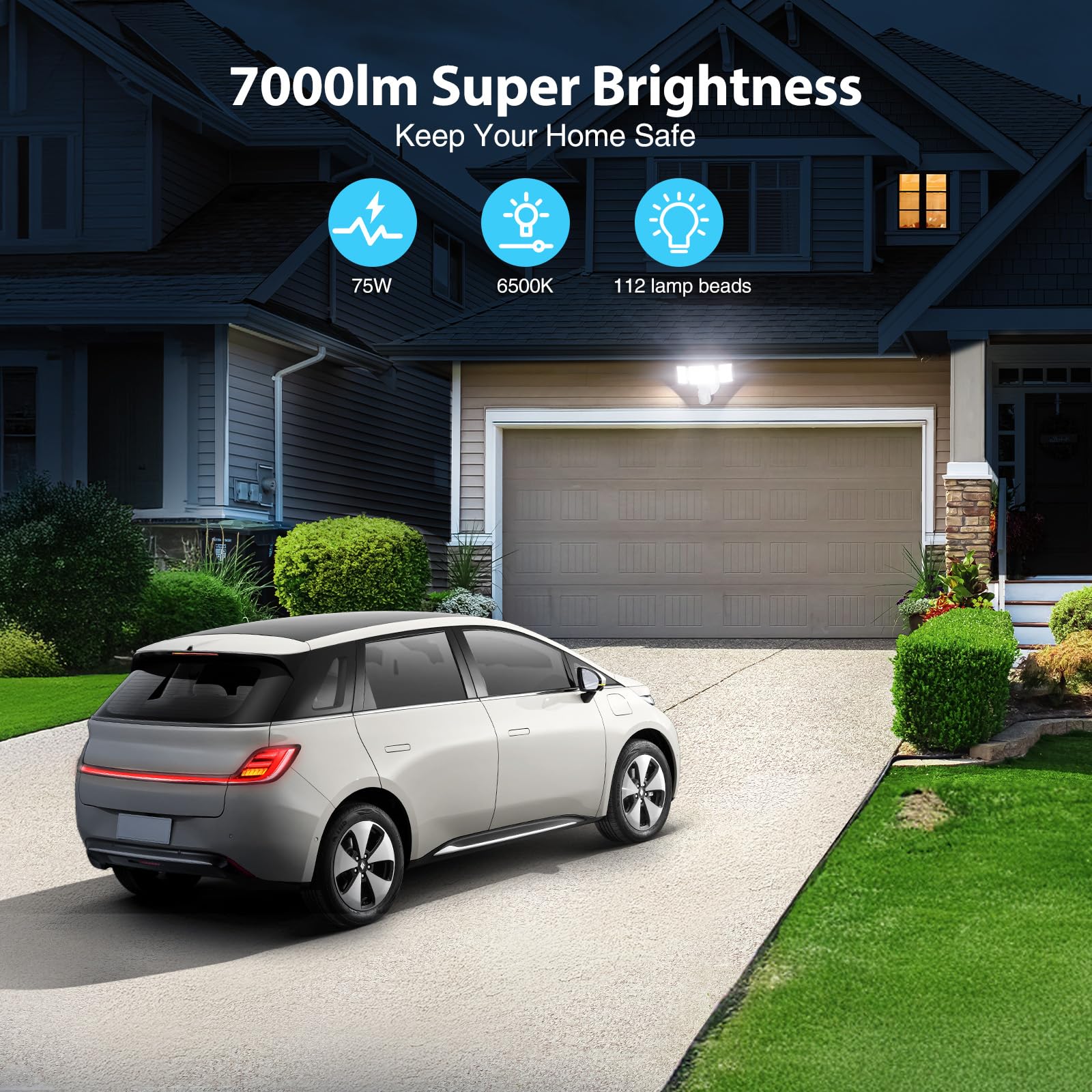 Olafus 65W LED Flood Light with Motion Sensor, 6000LM, IP65 Waterproof, 3-Head Security Light, White, Model BDB55G-3