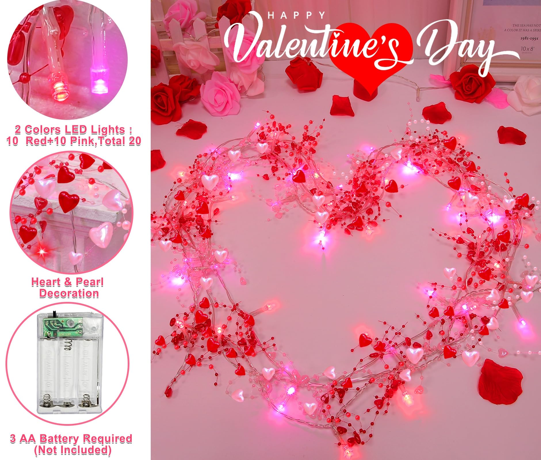 [Timer] 2 Pack Valentines Day Decorations Pink&Red Hearts Lights, Valentines Day Garland with Lights Total 13Ft 40LED Beads Hear