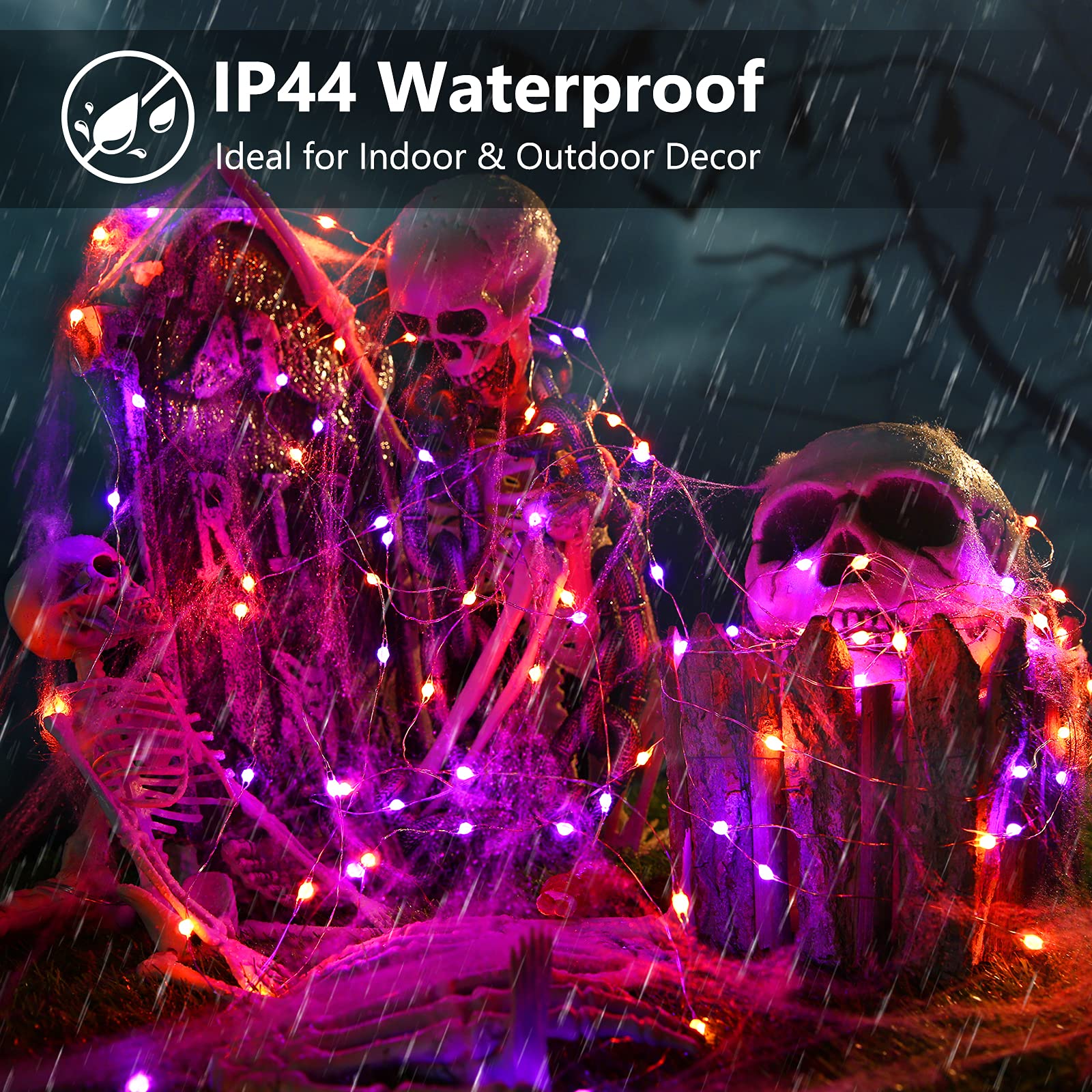 BrizLabs Halloween String Lights, 2 Pack 50 LED, 17.48ft, Waterproof, Purple & Orange, 8 Modes with Remote