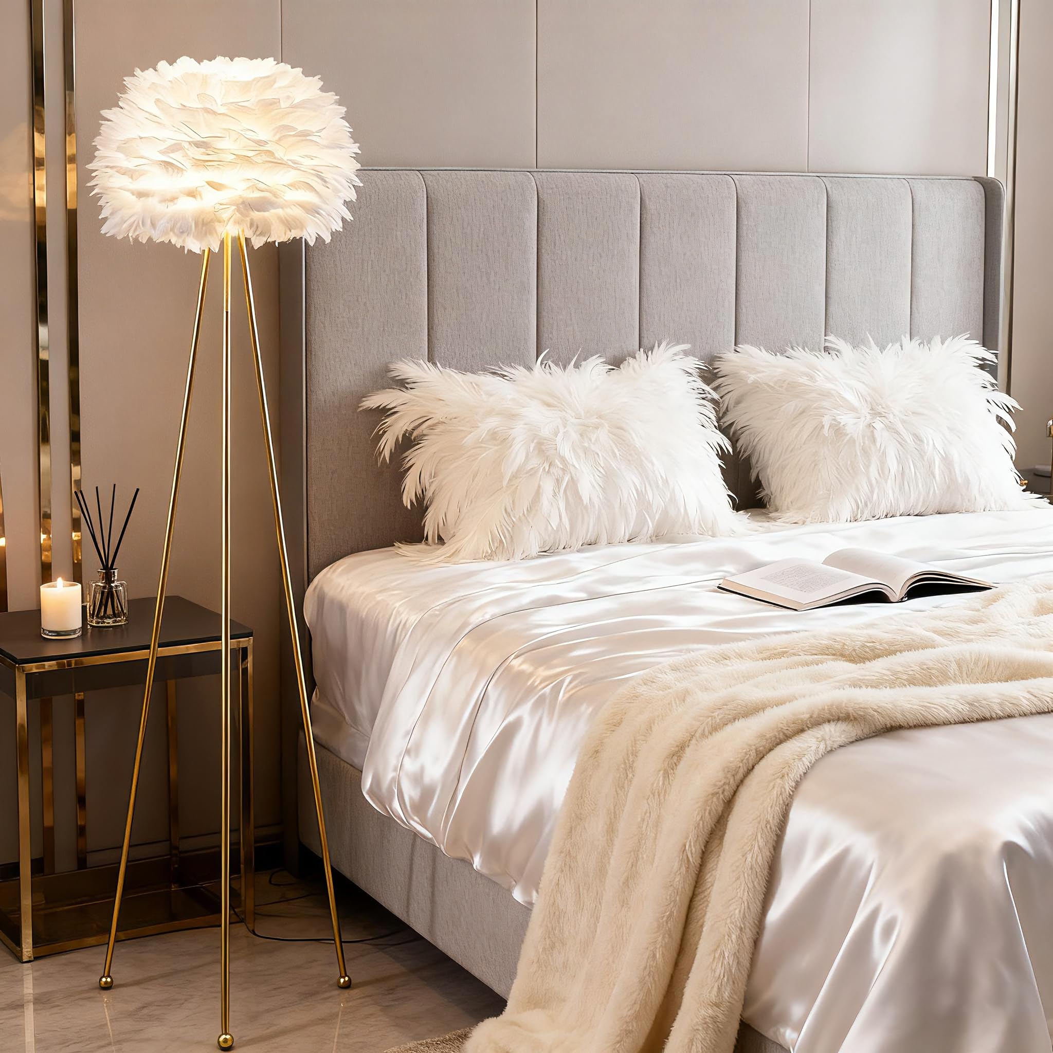 Maxax 60 Tripod Floor Lamp - Modern Gold With White Feather Shade, F21 Model For Bedroom, Dining Room, Living Room, Kitchen