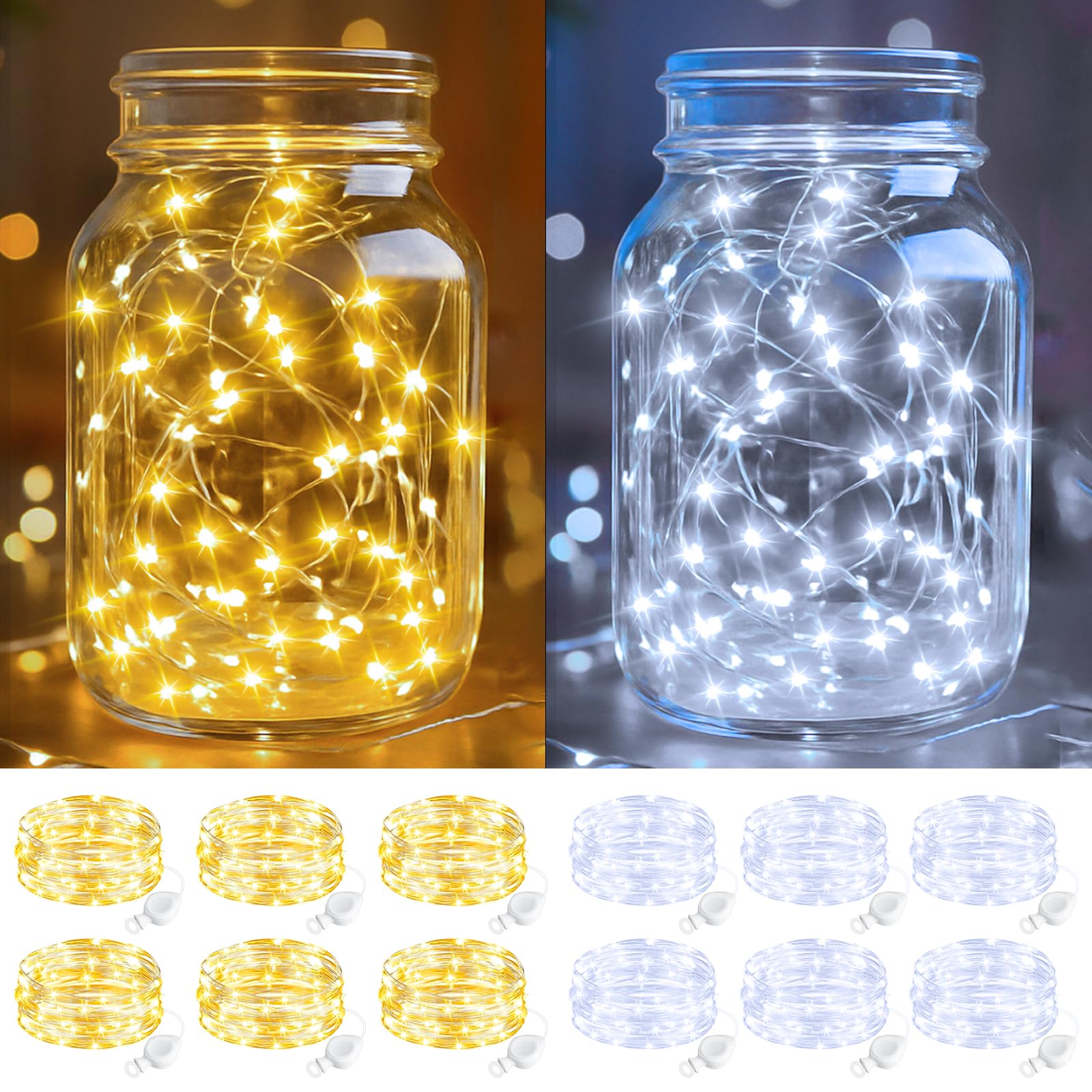 Btfarm 12 Pack Fairy Lights Battery Operated  7Ft 20 Led Mini String Lights Waterproof Silver Wire For Mason Jars Centerpiece Table Crafts Bedroom Christmas Decoration  Cool-Warm White
