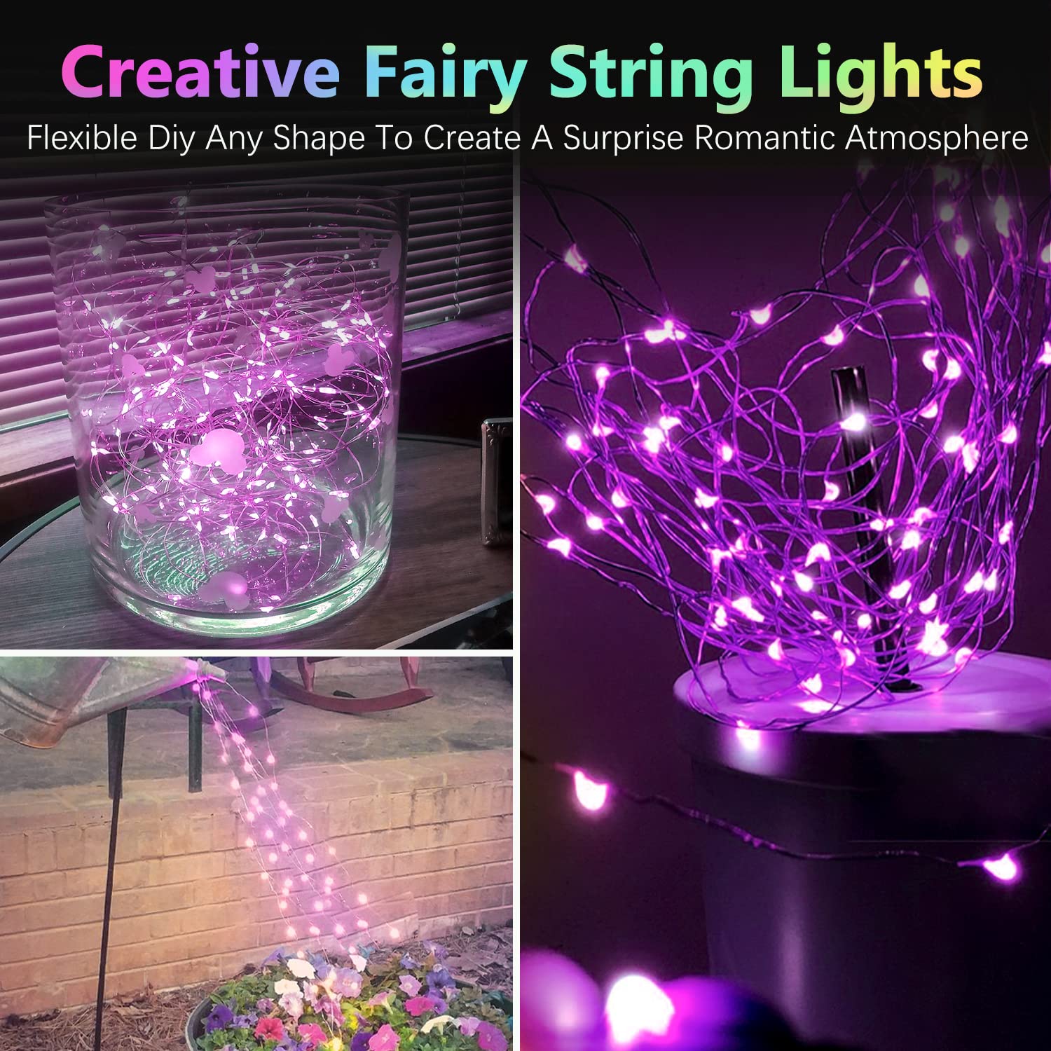 BOSSERN 4 Pack Fairy Lights 60LED Battery Operated 20FT Waterproof Indoor Outdoor Halloween Decor Purple DCHD-04-Purple