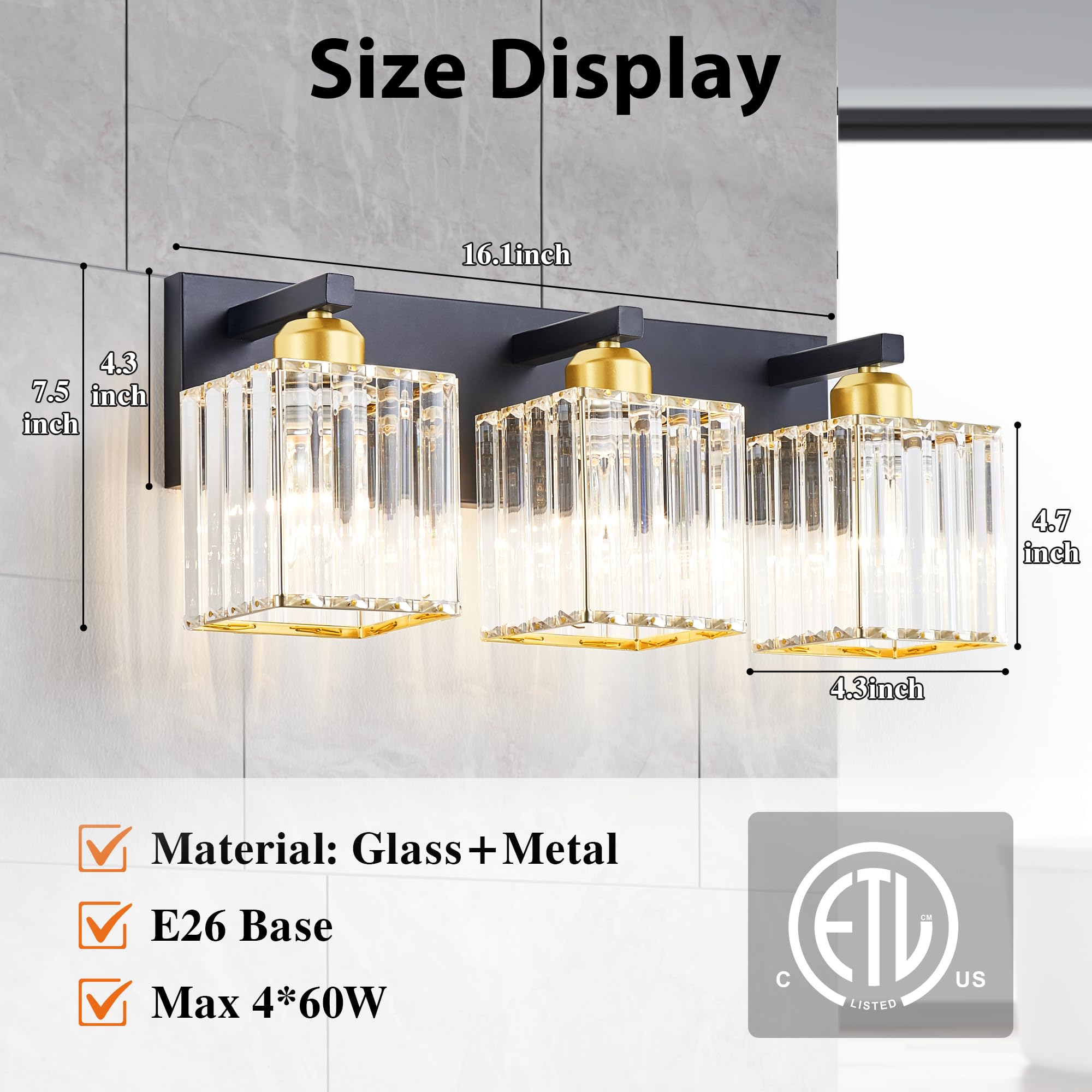 DIAMONDFORGE Bathroom Vanity Light - 3-Light Metal Fixture, Black Gold, Modern Design for Mirror, Bath, Desk, Hallway - Model WSCSSBGZL1-1