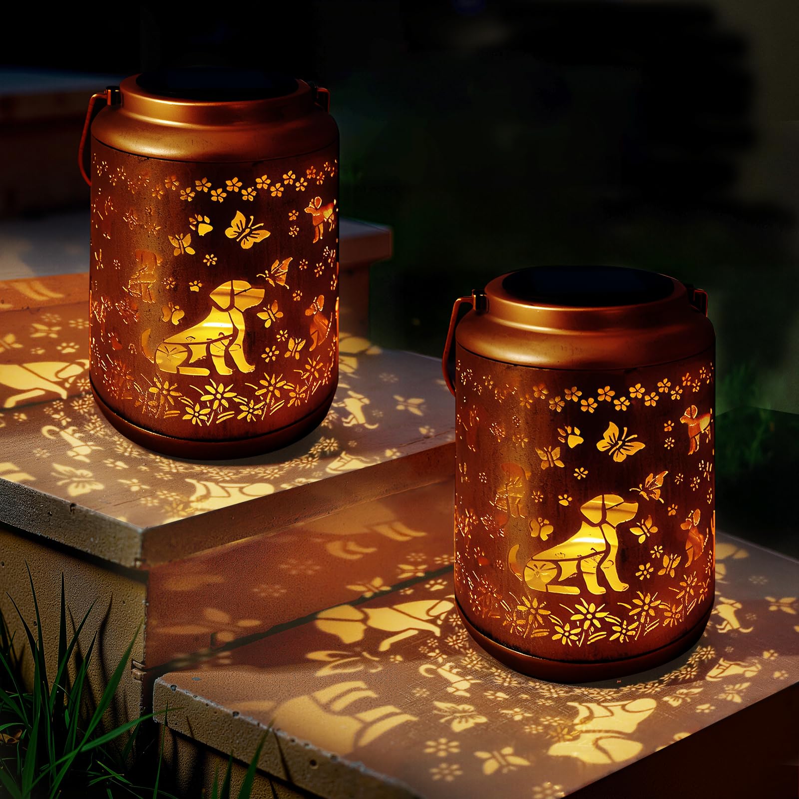 2 Pack Solar Lanterns Outdoor Waterproof,Labrador Dog Hanging Solar Lights for Garden,Yard,Patio,Pathway - Metal Garden Decor Gi