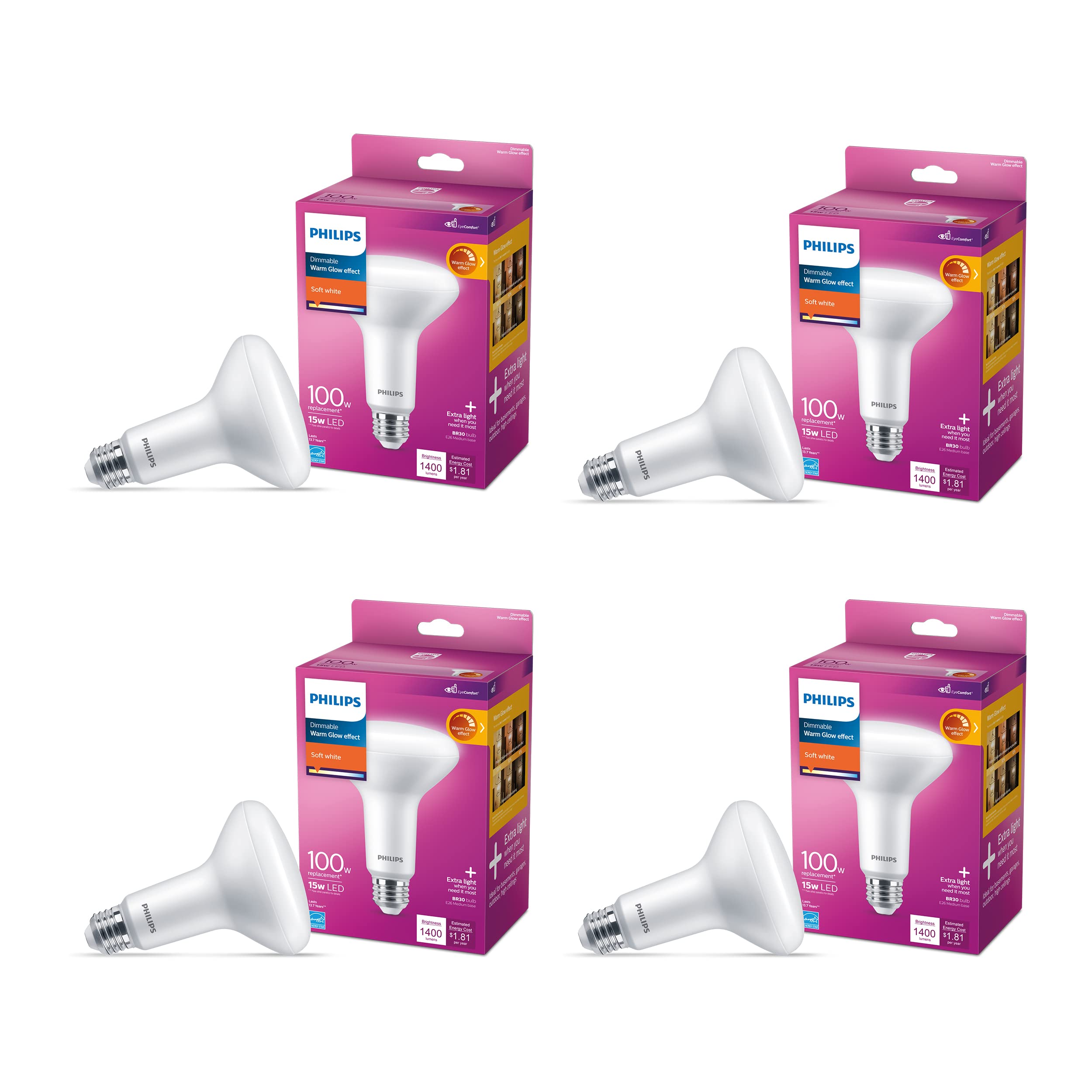 Philips LED BR30 Light Bulb 15W (100W) Dimmable Soft White 2700K 1400 Lumen Glass 4-Pack