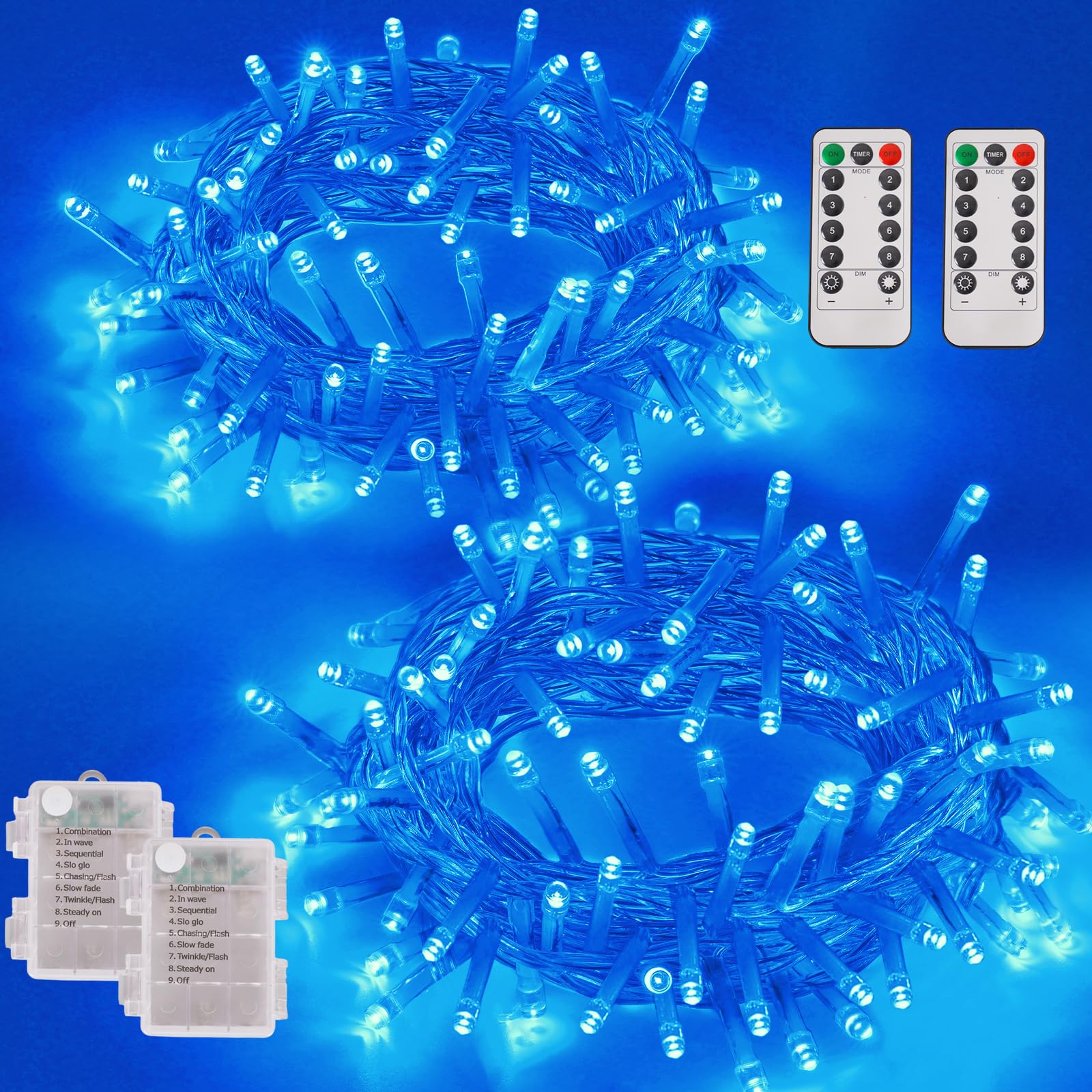 YEGUO Christmas Lights Battery Operated, 2 Pack Each 33ft 100 LED Blue String Lights Outdoor Waterproof, 8 Modes Clear Wire Fair