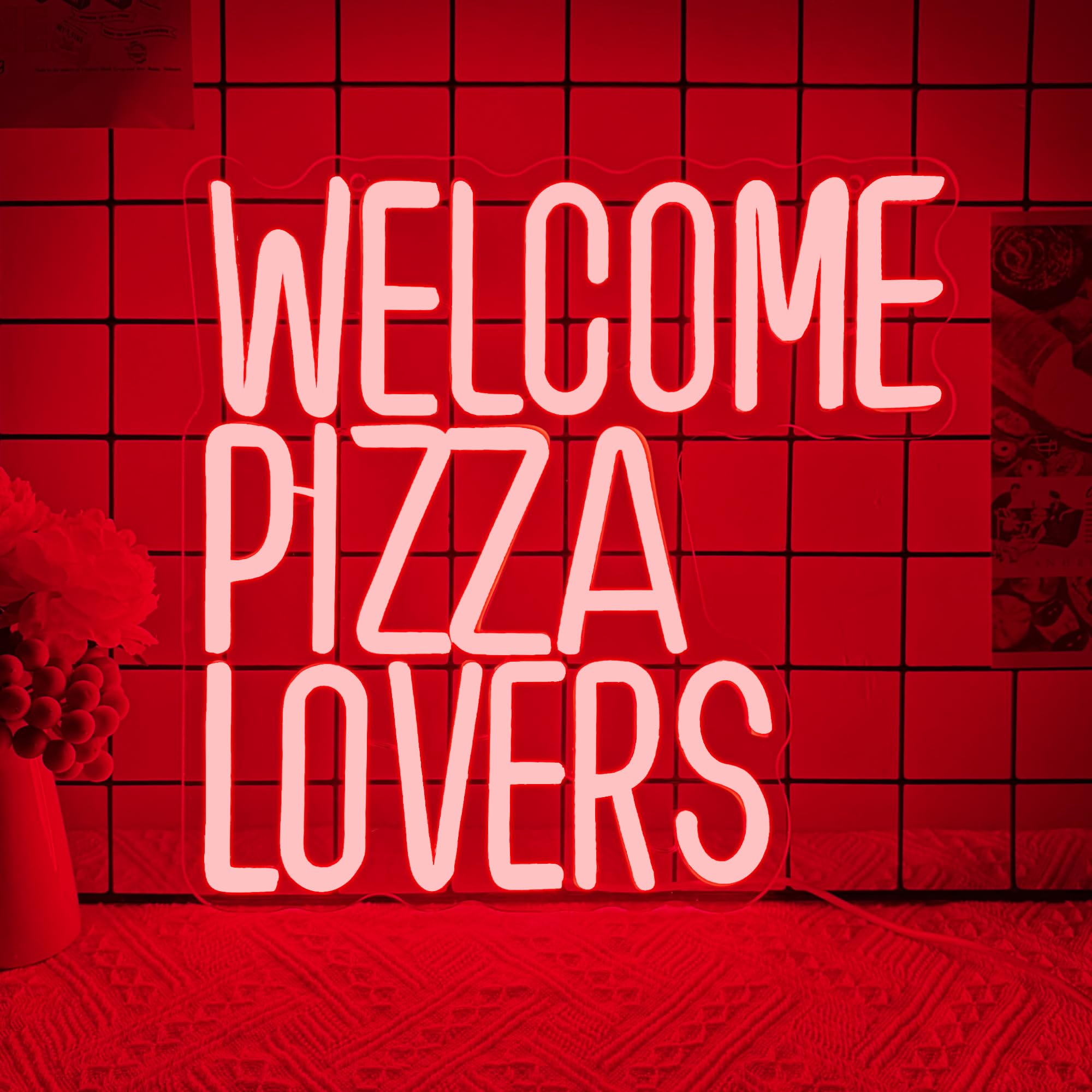 Welcome Pizza Lovers Neon Light  Red Dimmable Led Personalized Pizza Lovers Neon Sign  Family Restaurant Entertainment Room Food Theme Party Wall Neon Sign Decor Holiday Gift For Pizza Lovers  Children  Family (12.9*12.5In)