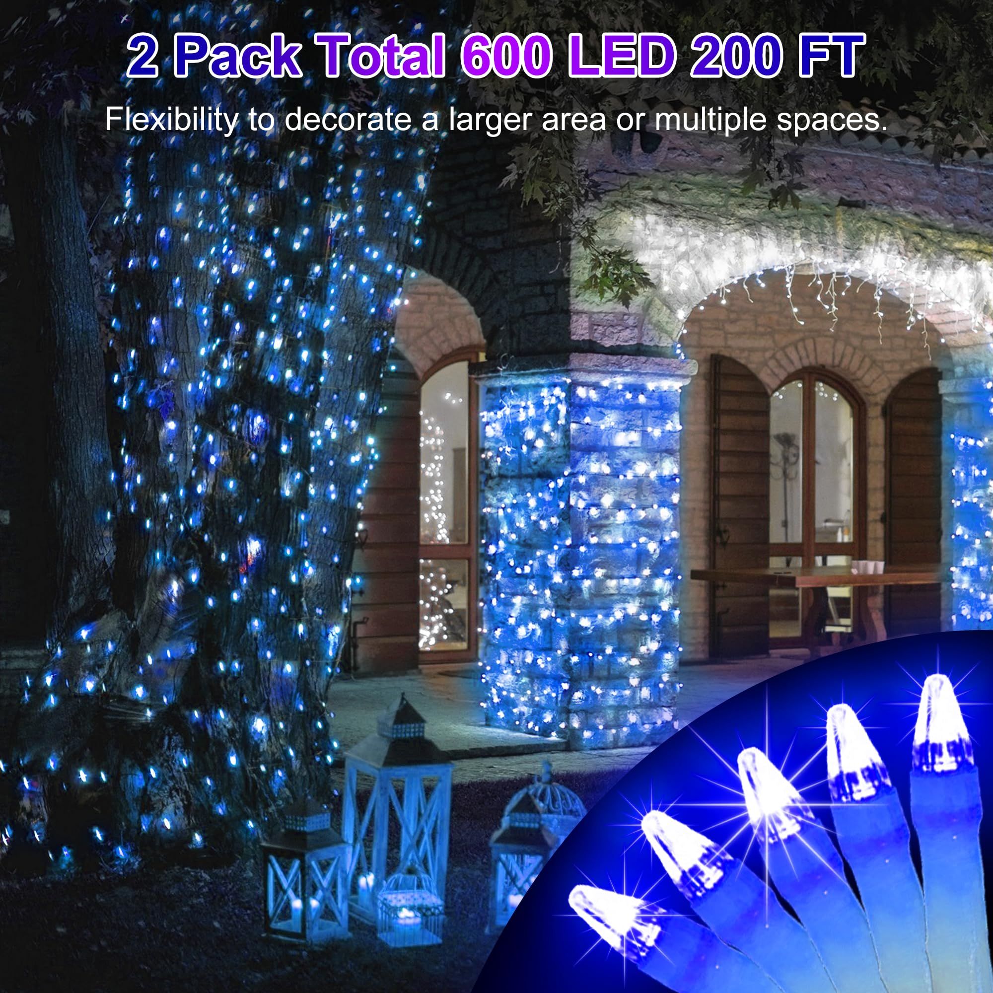 HRANBOTY 2 Pack 600 LED Christmas String Lights, 200 FT, Blue, Indoor Outdoor, 8 Modes & Timer, Fairy Lights for Home, Wedding, Xmas Decor