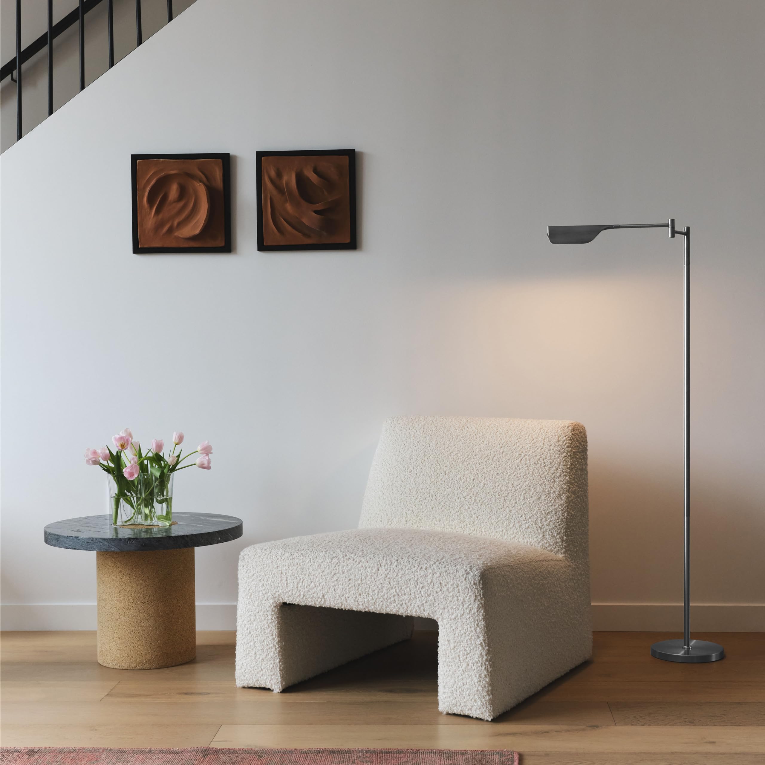 Brightech Leaf LED Floor Lamp - Dimmable, Adjustable Metal Reading Lamp, Platinum Silver, Model 211179PS