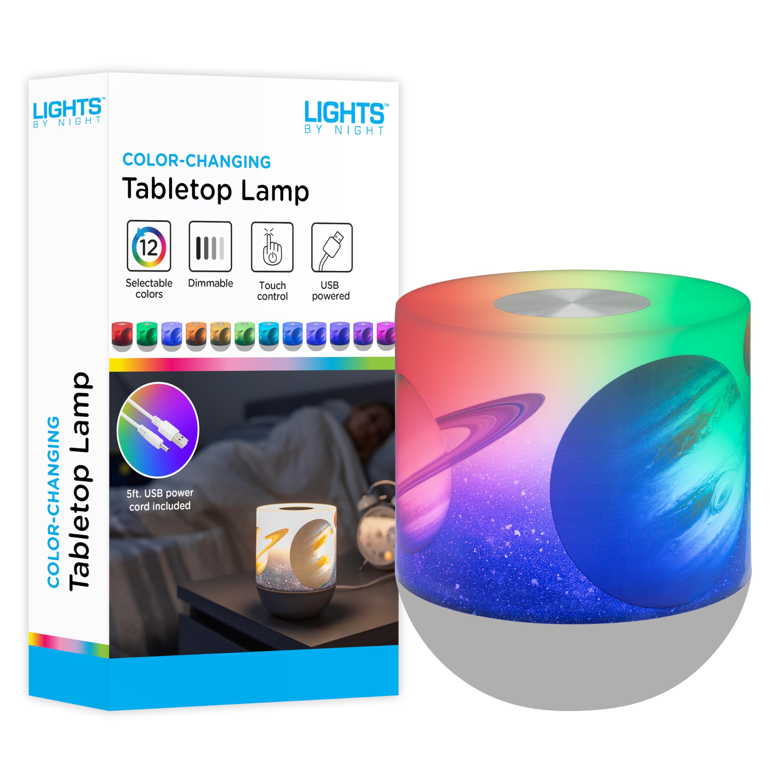 Lights By Night Space and Planets Color-Changing Table Lamp,Galaxy Night Light, Touch/Tap Sensor Dimmable White Light Ideal for 