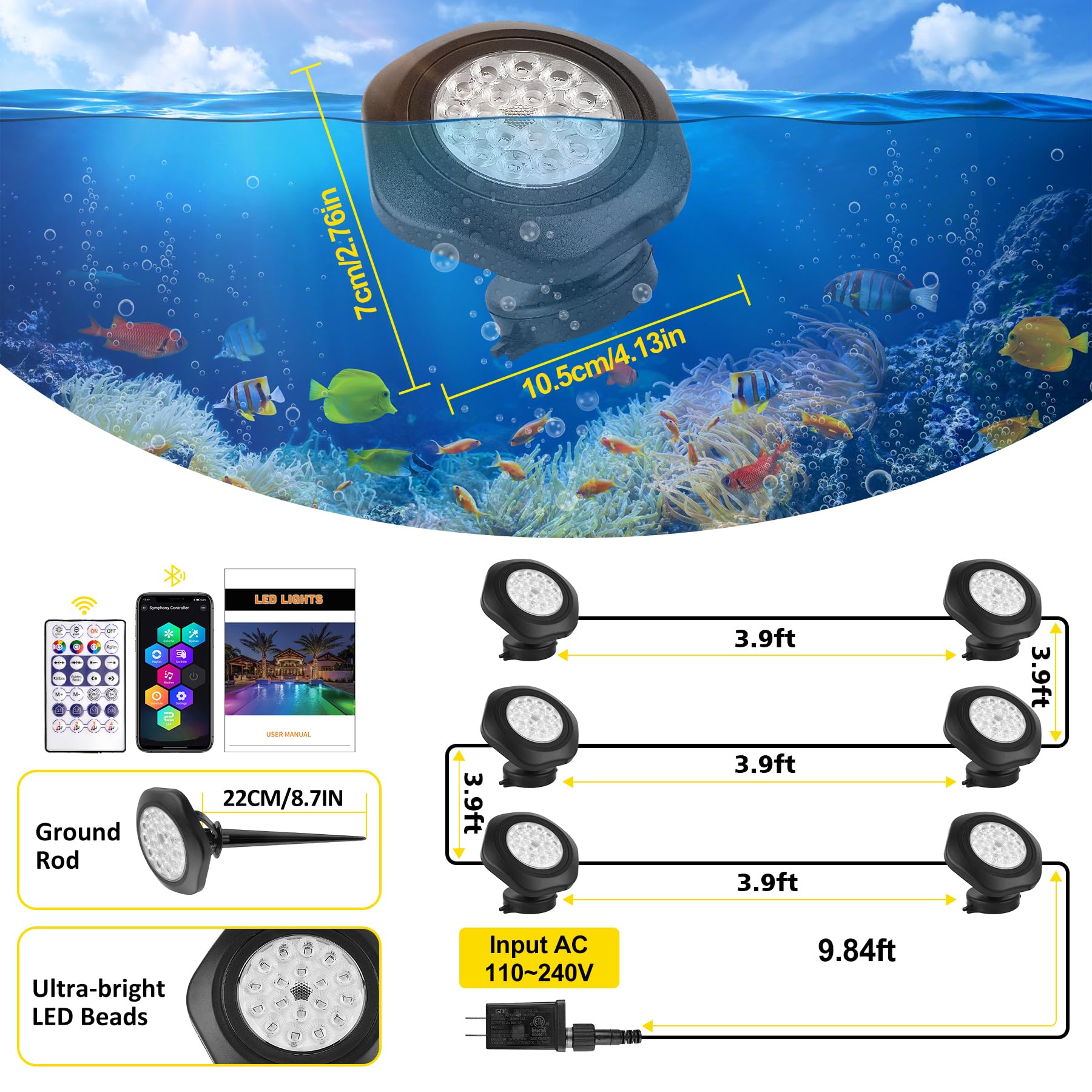T-SUN Colored Pond Lights – LED Submersible Fountain Lights, IP68 Waterproof, Set of 6, Multicolor, Model TS-F2230