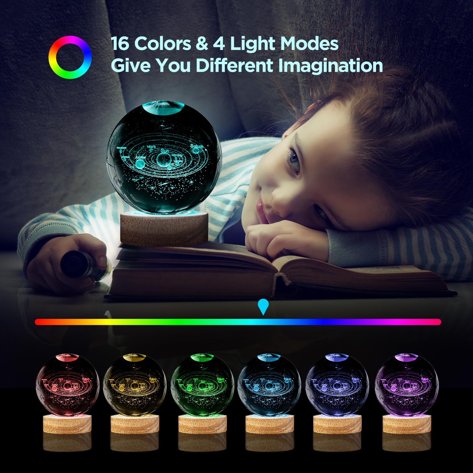 3D Solar System Crystal Ball Night Light With 16 Color Wooden Led Base Upgraded 3.15 In Galaxy  ts Ball Lamp With Remote For Birthday Christmas  Astronomy Space Gifts For Boys Girls Kids