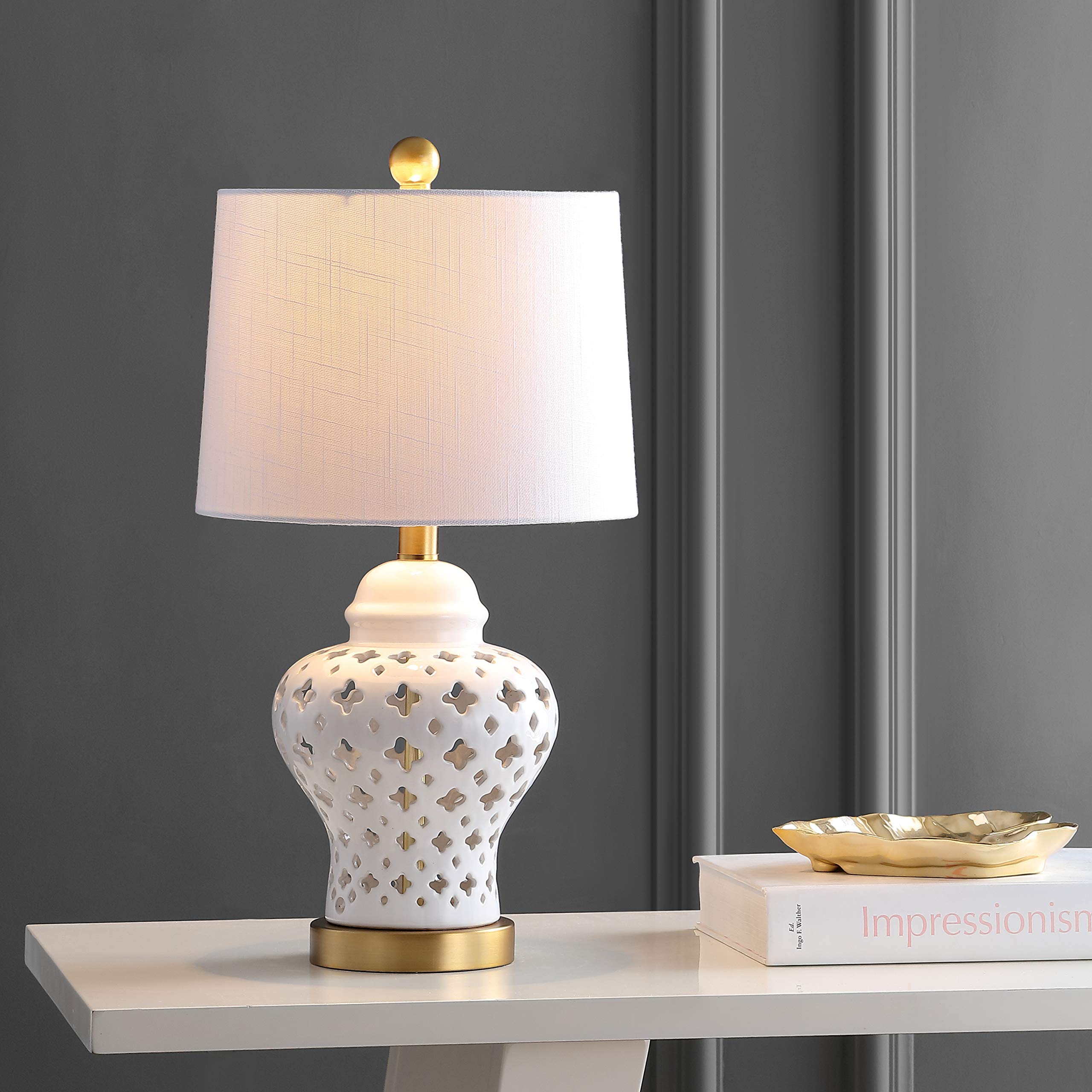 Jonathan Y Jyl6210A Quatrefoil Fretwork 20.5'' Pierced Ginger Jar Ceramic/Metal Led Table Lamp Glam Bedside Desk Nightstand Bedr