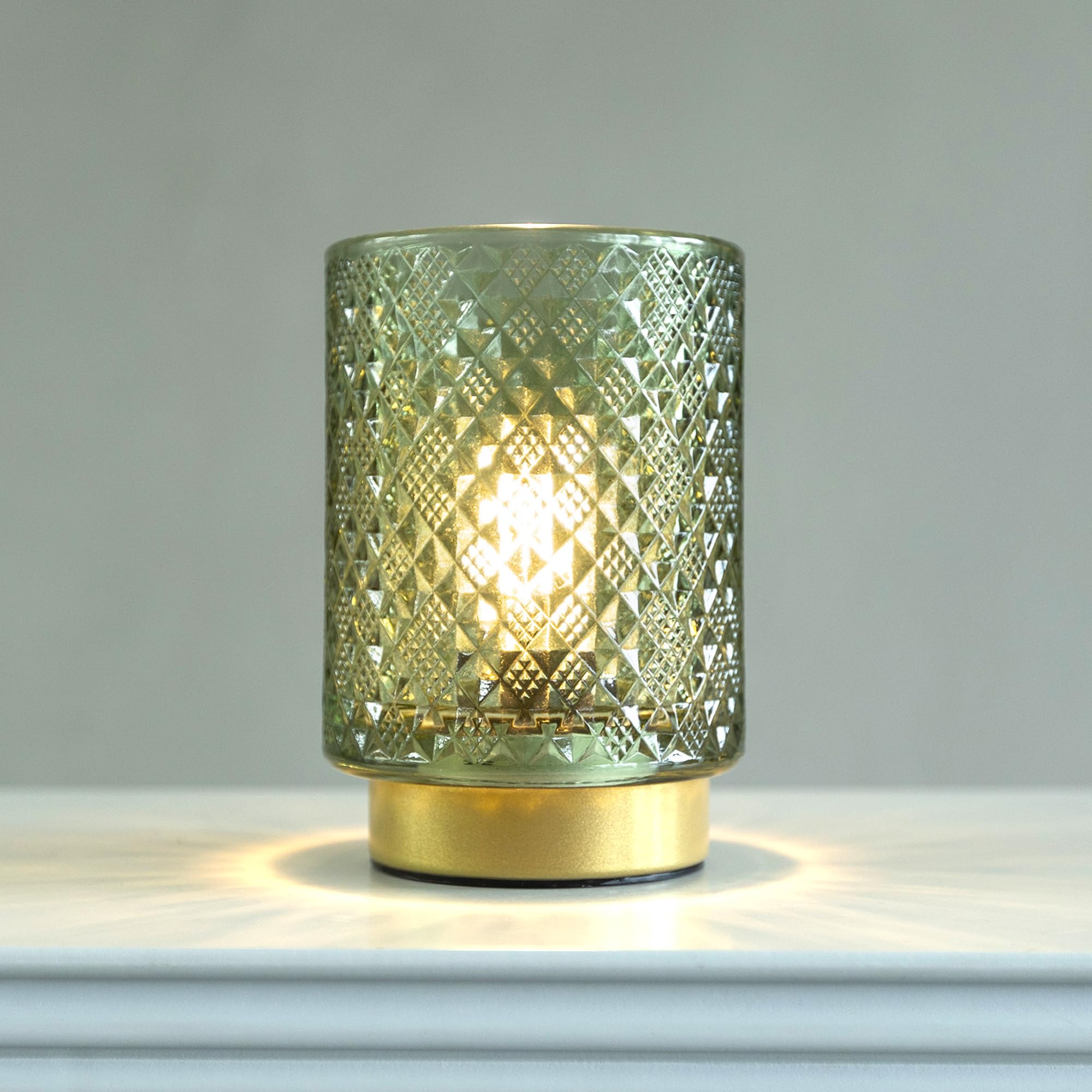 LUSHARBOR Battery Operated Table Lamp, Diamond-Green, 3.9in x 5.9in, Cordless Lamp for Living Room, Shelf Decor, Entryway